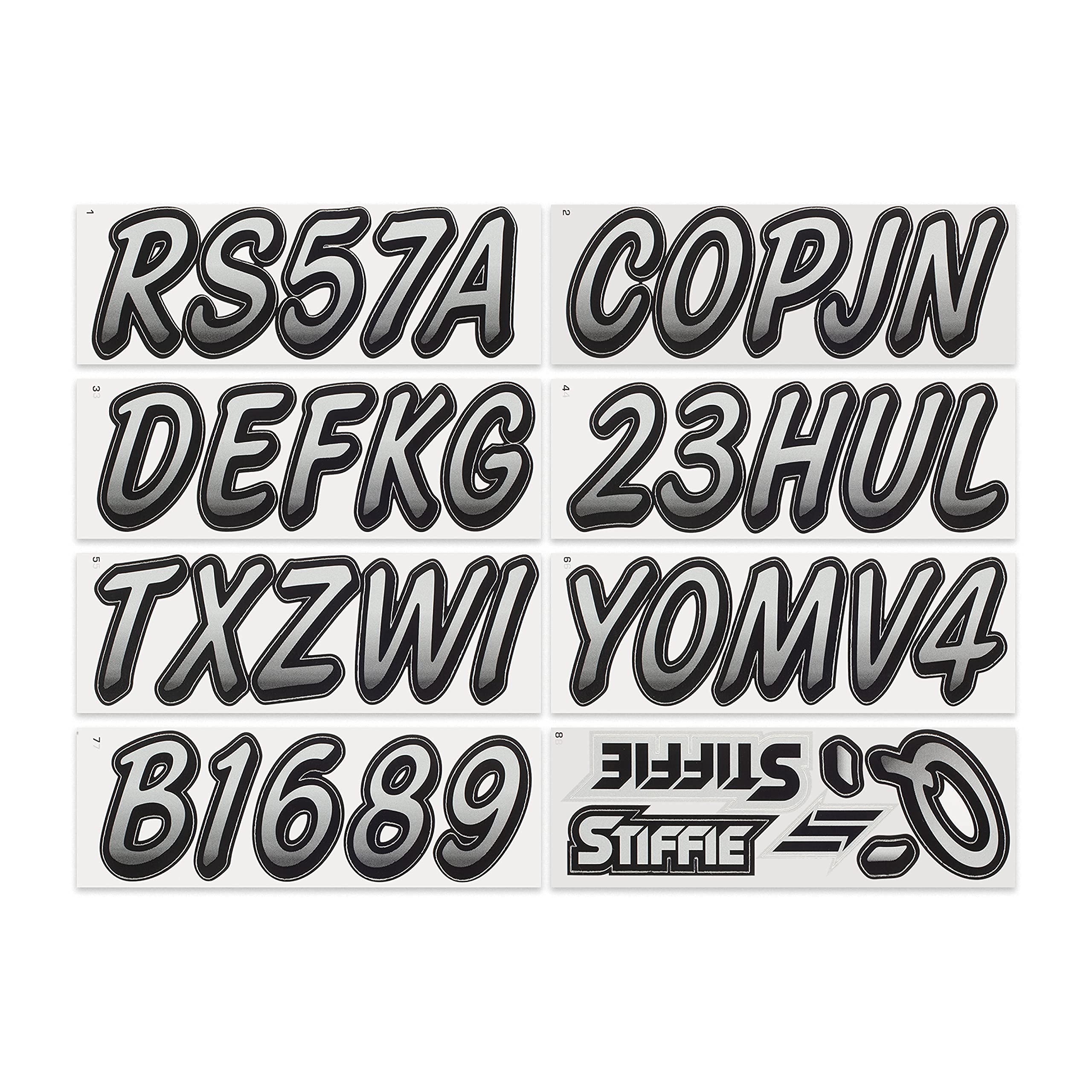STIFFIE Whipline Metallic Silver/Black 3'' Boat & PWC Registration Decals  Numbers Letters Stickers