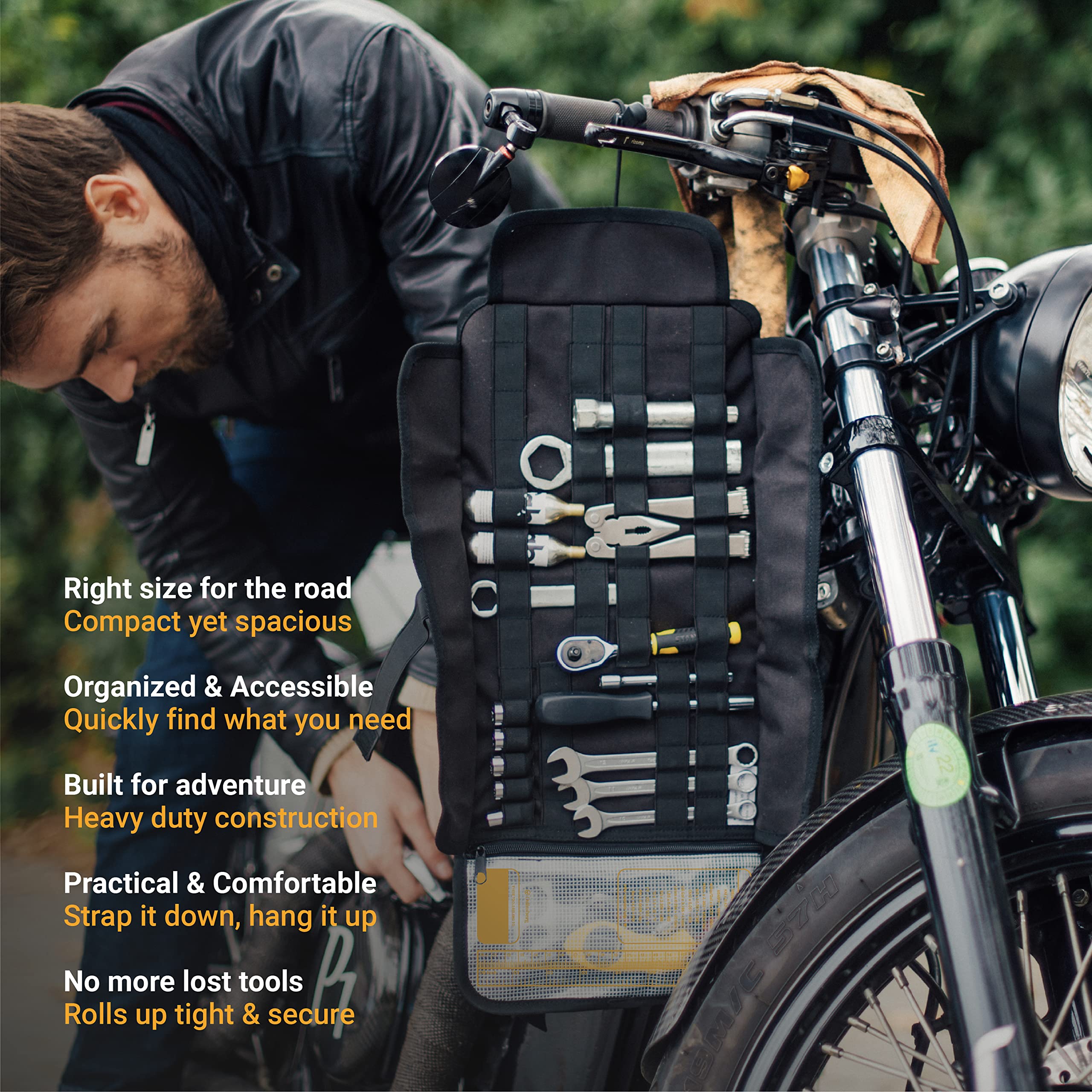 Odinsberg Motorcycle Tool Roll Bag Tools Not Included - Small Tool Bag Wrench Roll Up Tool Bag Organizer Pouch Wrap Motorcycle T