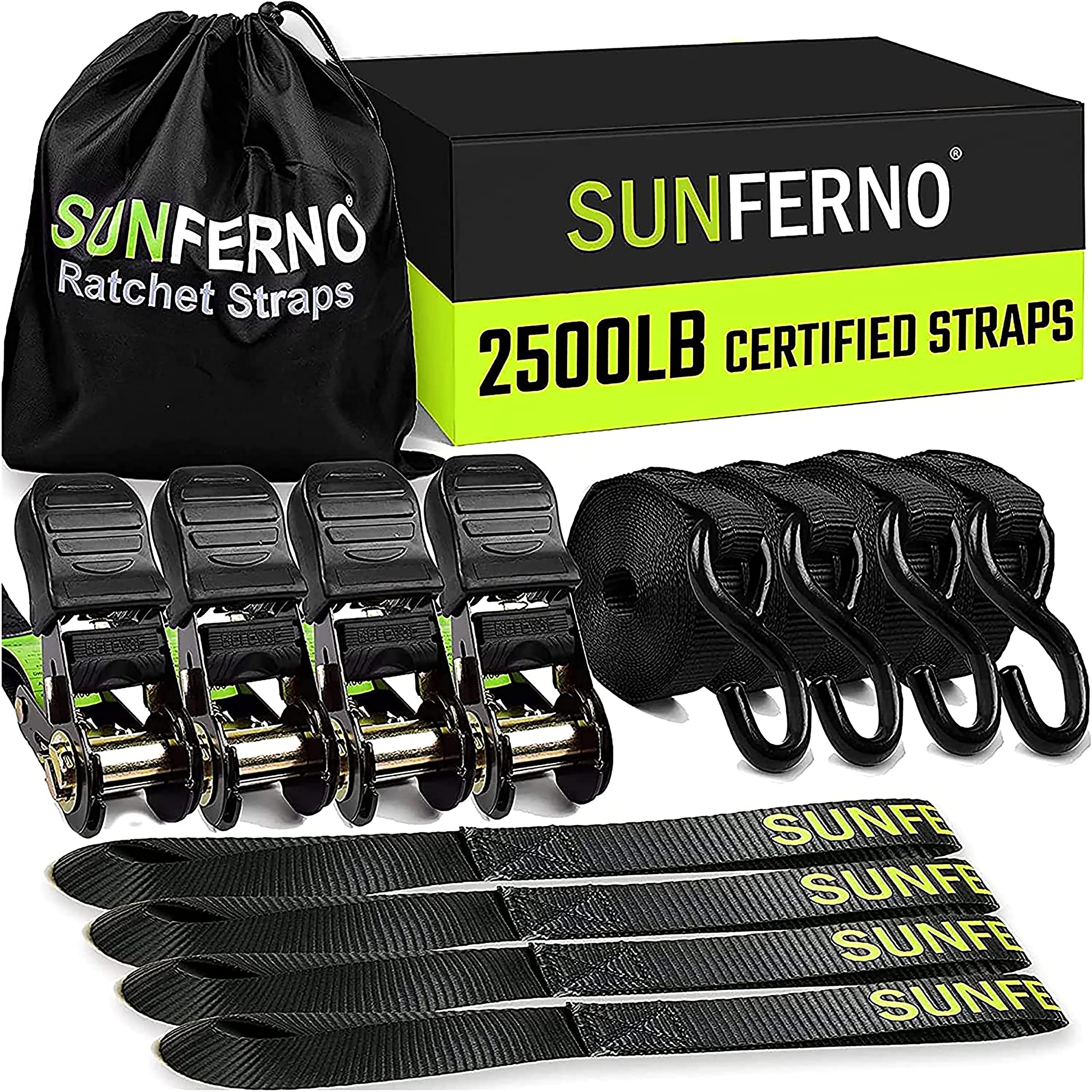Sunferno Heavy Duty Ratchet Straps Tie Down Set | 2500 Lbs Break Strength | 15 Ft Black Straps with Soft Loops | Securely Transp