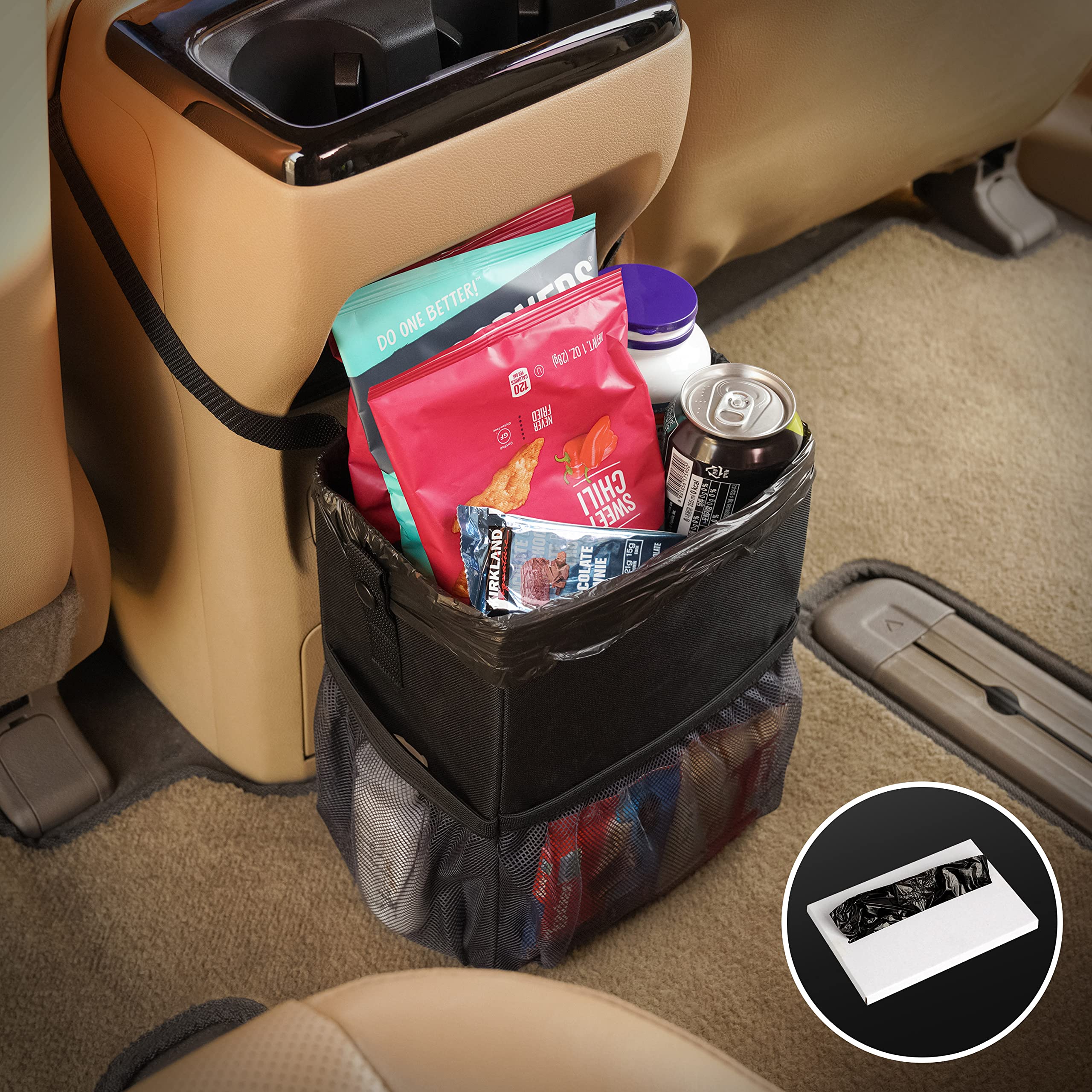 Kmmotors Aladdin Car Trash Can Small With Mesh Pocket, Hanging Trash Bin For Car, Garbage Can With Trash Bags, Foldable Car Tras