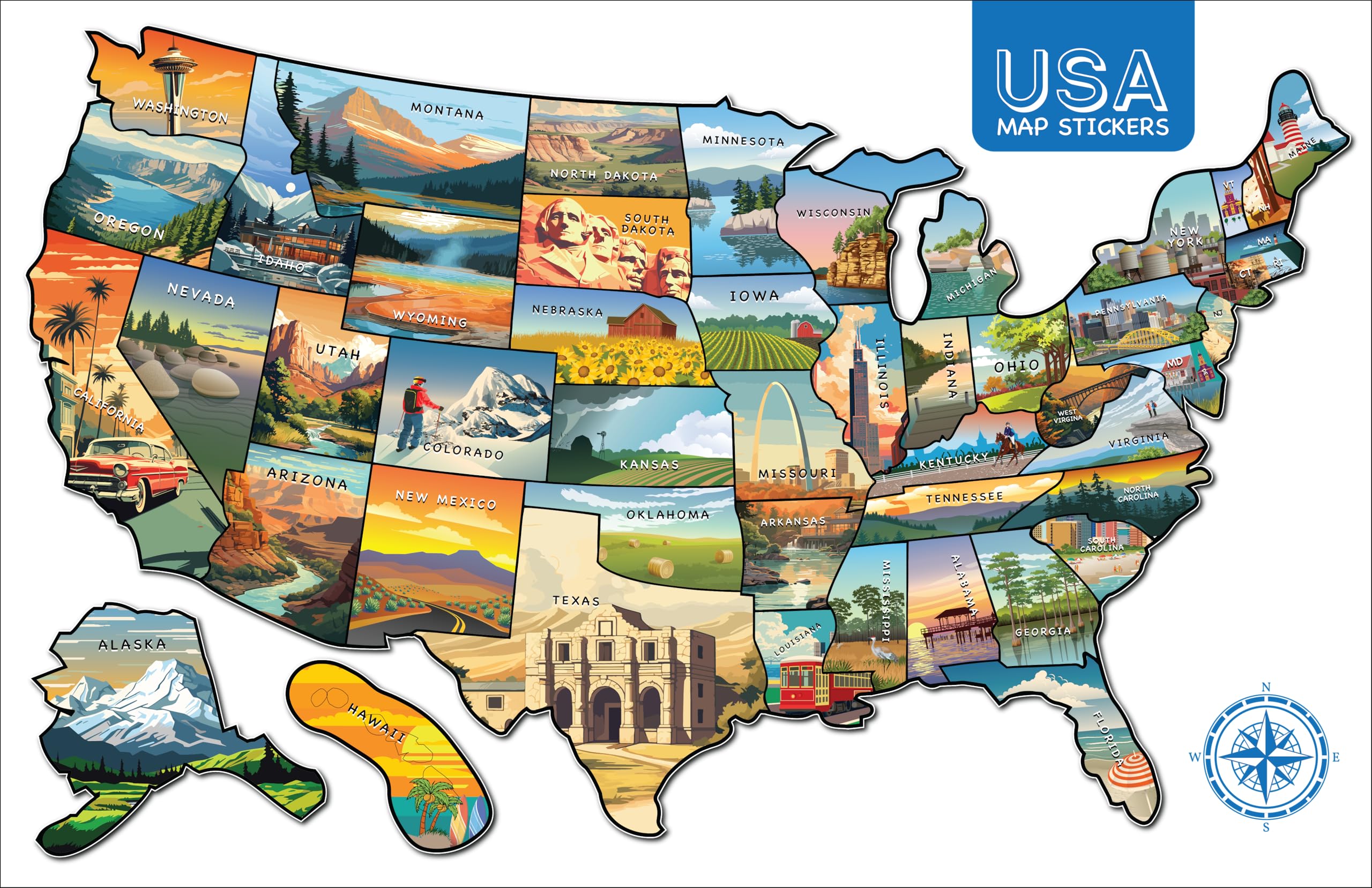 Rv State Visited Travel Usa Map Vinyl Sticker - Camper Trailer Decals For Window With State Flag - Road Trip Map Of America - Wa
