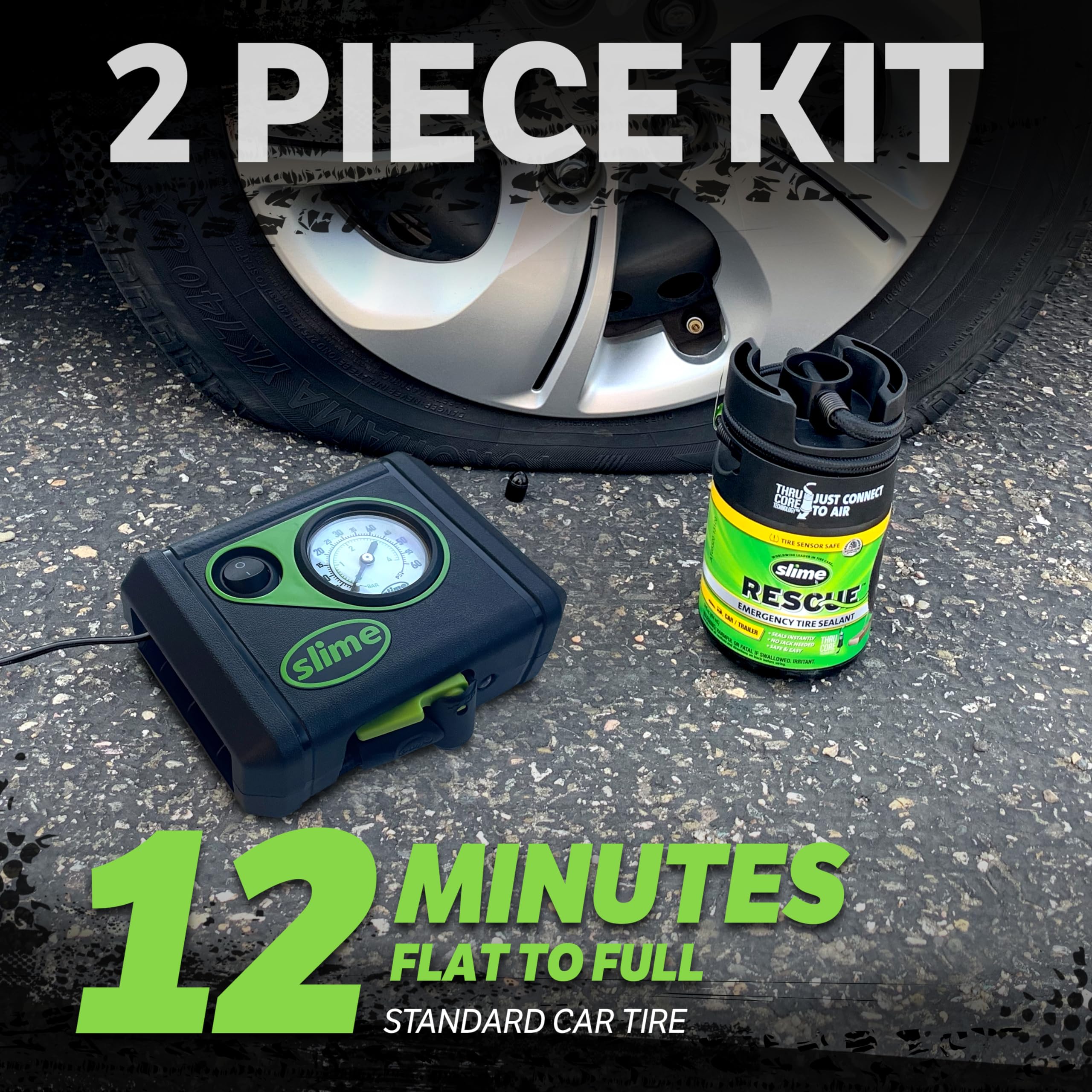 Slime 50138 Flat Tire Puncture Repair, Smart Spair Plus, Emergency Kit For Car Tires, Includes Sealant And Tire Inflator Pump, S