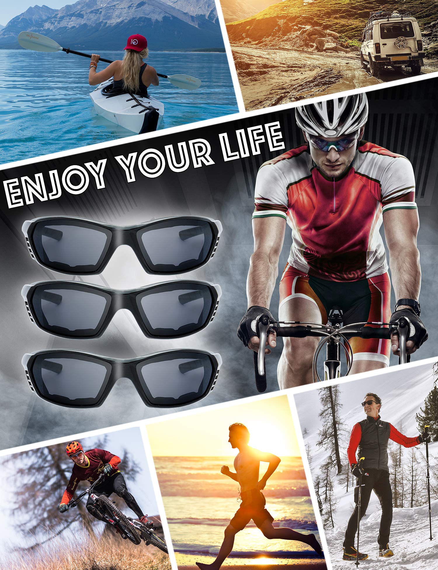 The Fresh Motorcycle Riding Glasses Padded Frame Lens Block 100% Uvb For Outdoor Activity Sport (21-Black, 3 Pairs Of Grey)