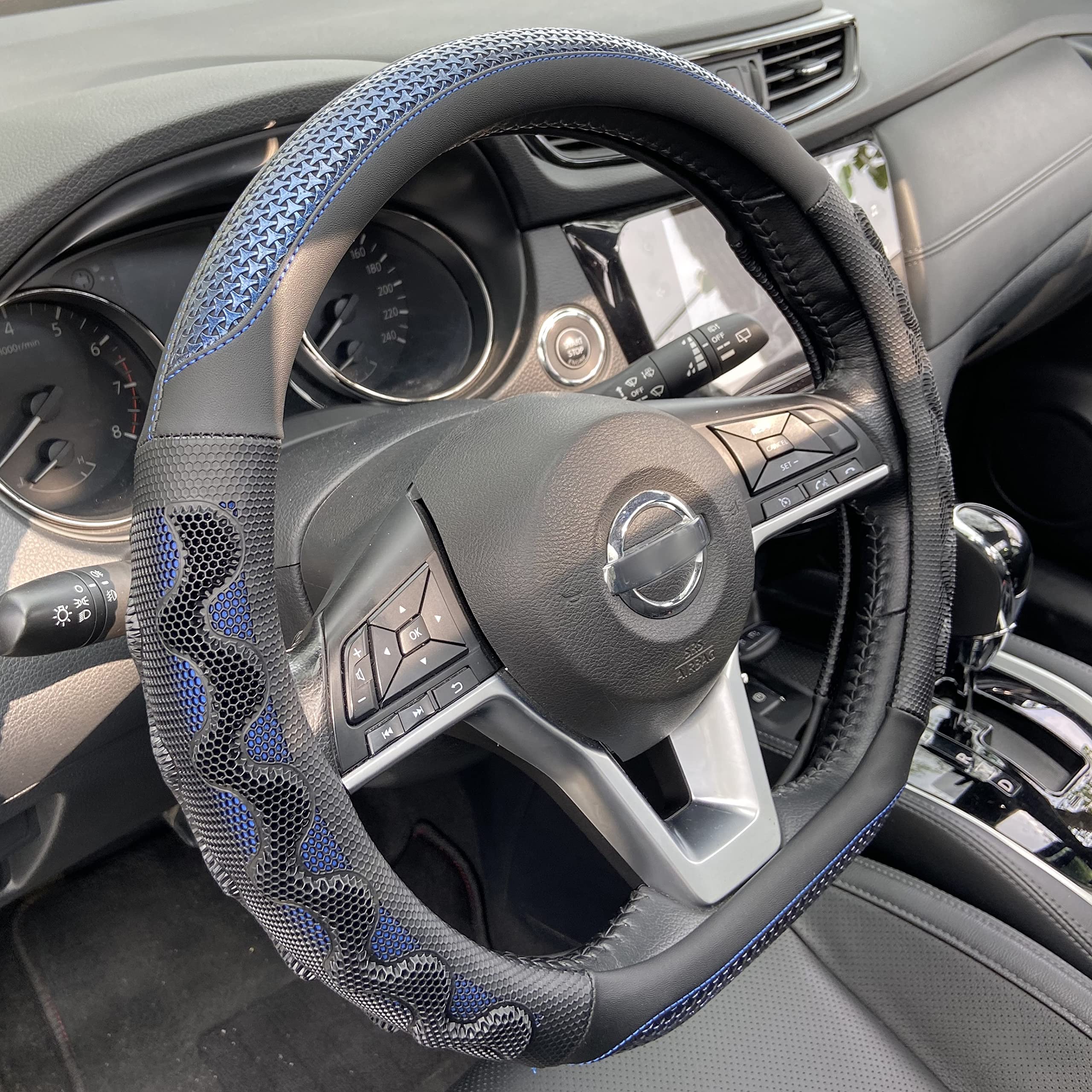 Pinctrot D Shaped 14.5-15 Inch Steering Wheel Cover Great Grip With 3D Honeycomb Anti-Slip Design, Flat Bottom 14.5-15 Inch (Blu