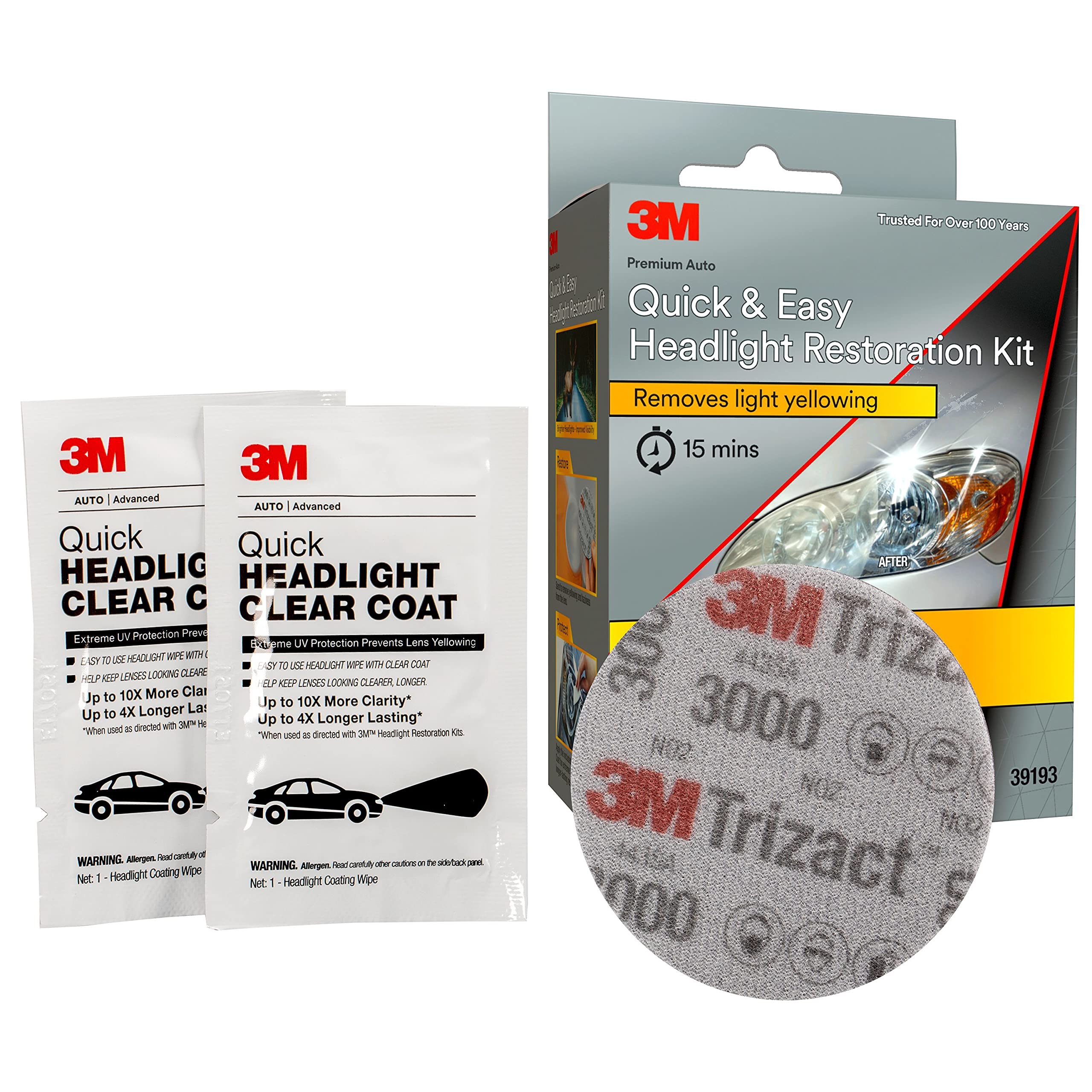 3M Quick And Easy Headlight Restoration Kit, Removes Light Yellowing In 15-Minutes, 39193, 1 Kit