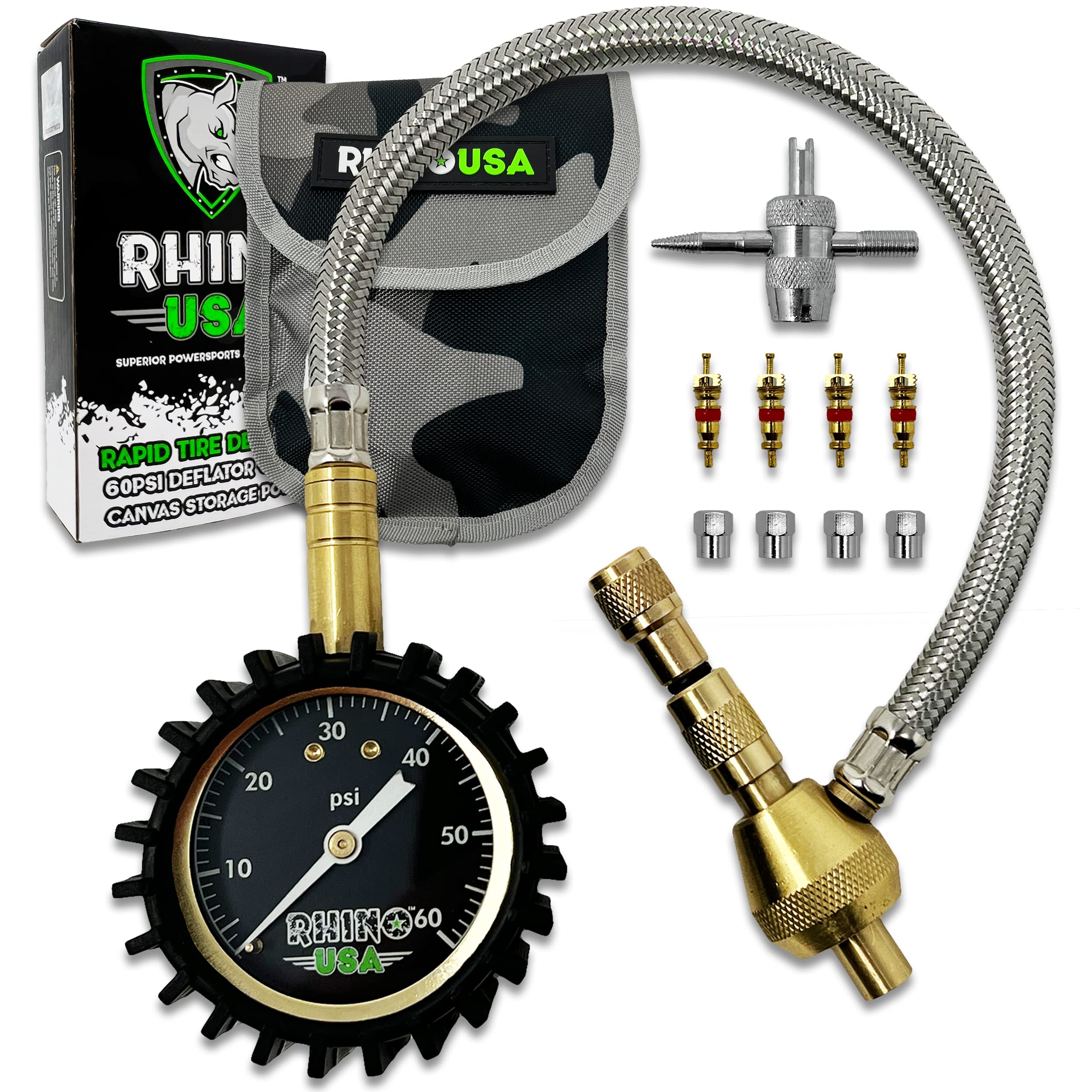 Rhino USA Rapid Tire Deflators with Gauge (0-60psi) Automatic & Adjustable Tire Air Down Tool - Large 2'' Easy Read Glow Dial & 