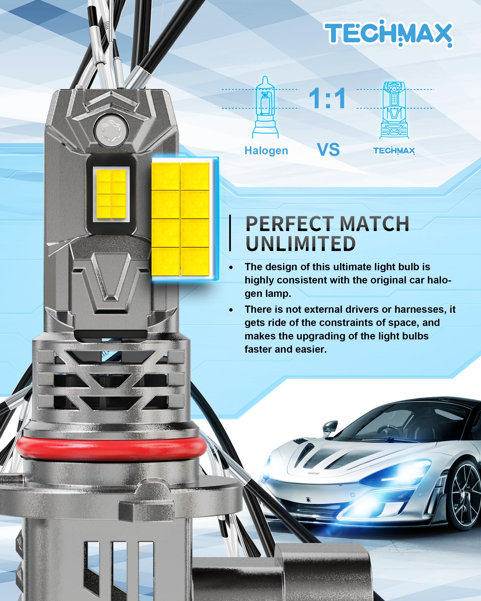 Techmax H11/H9/H8 9005/Hb3 Bulbs Combo - 800% Brighter 6500K, Xenon White With Cooling Fan, 1:1 Size Front Light Bulb,Fog Light