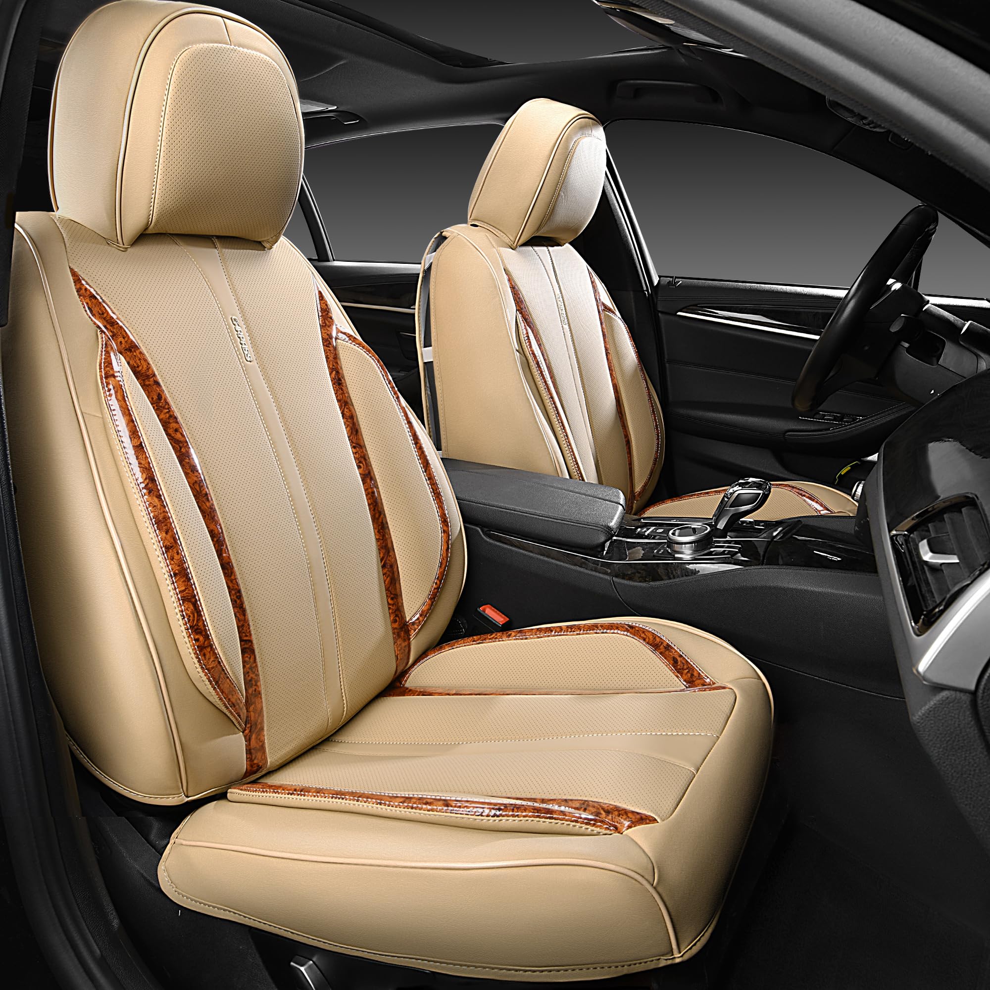 Car Pass Beige Leather Car Seat Covers, Breathable Waterproof Nappa Automotive Seat Covers Full Set, Anti-Slip Driver Seat Cushi