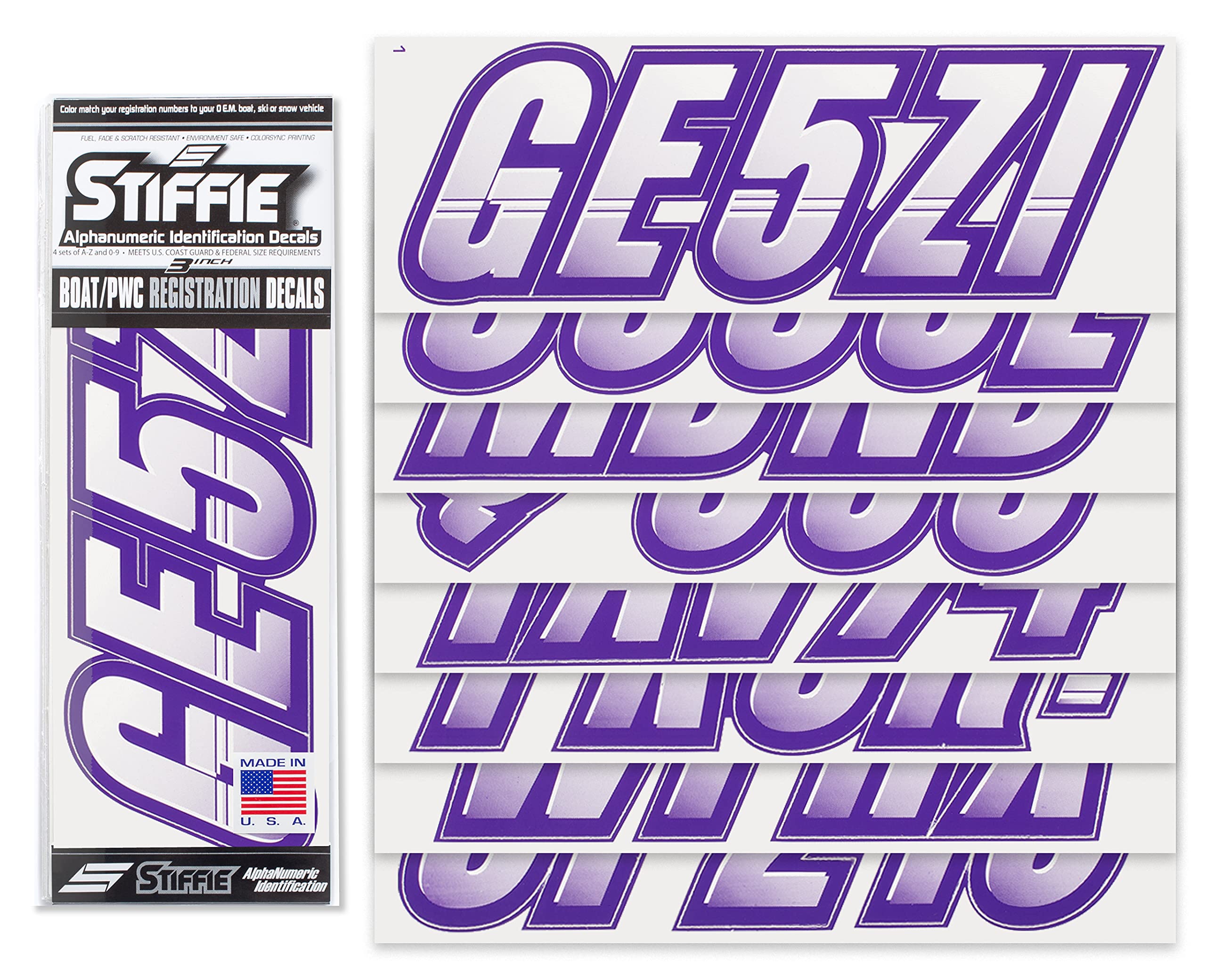 Stiffie Techtron White/Purple 3 '' Boat & Pwc Registration Decals  Numbers Letters Stickers