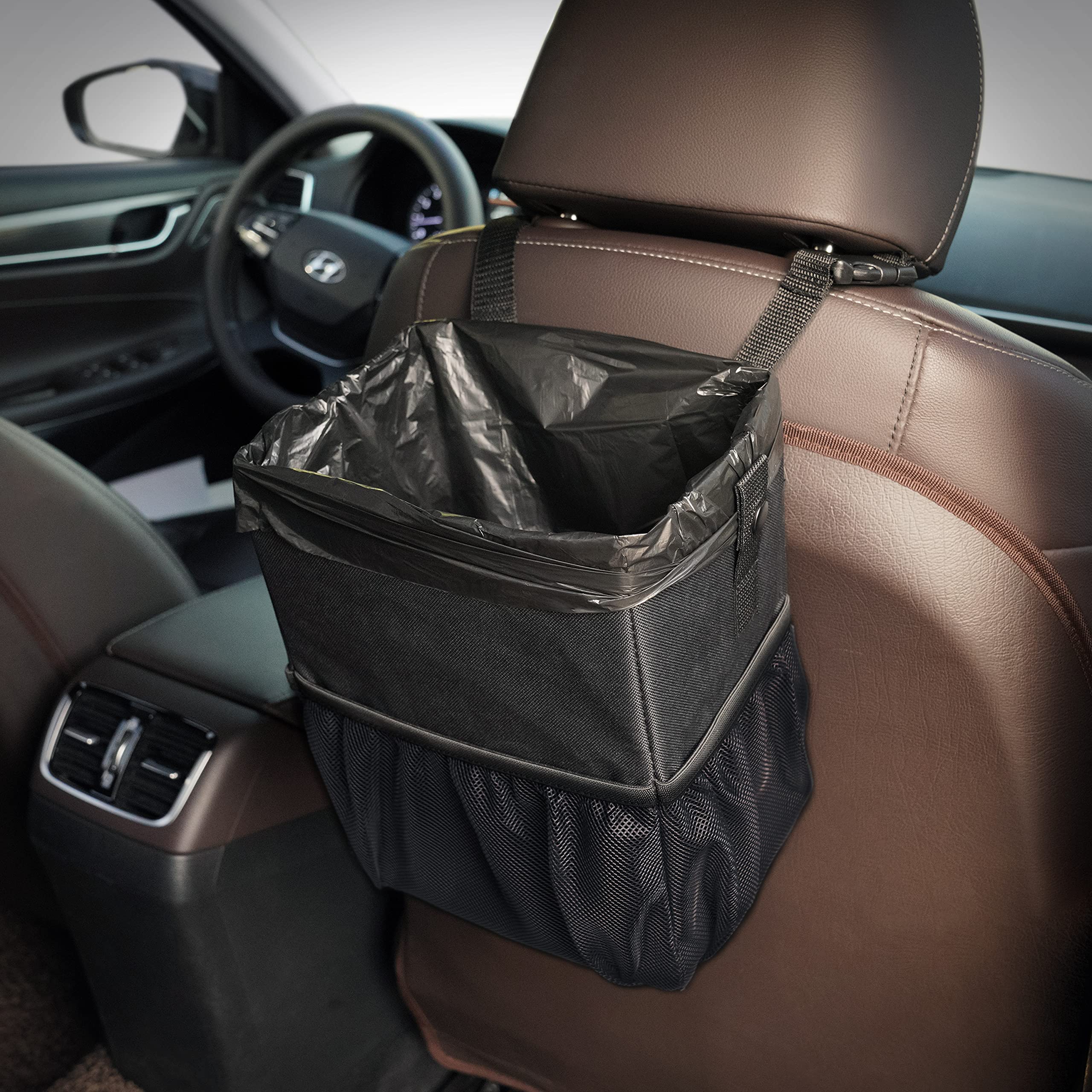 Kmmotors Aladdin Car Trash Can Small With Mesh Pocket, Hanging Trash Bin For Car, Garbage Can With Trash Bags, Foldable Car Tras