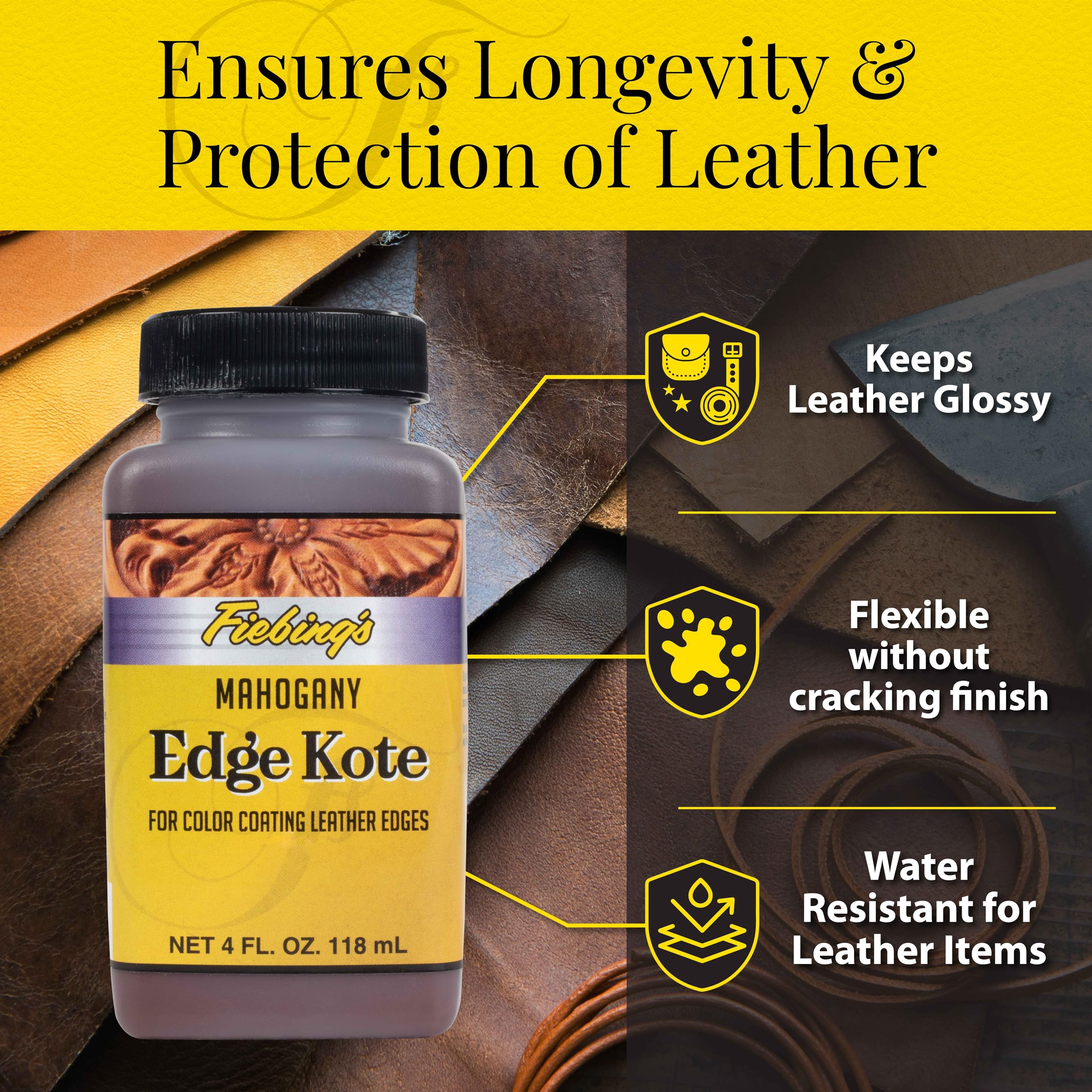 Fiebing'S Edge Kote (4Oz, Mahogany) - Leather Edge Paint For Shoes, Furniture, Purses, Couches, Belts - Flexible, Water Resistan
