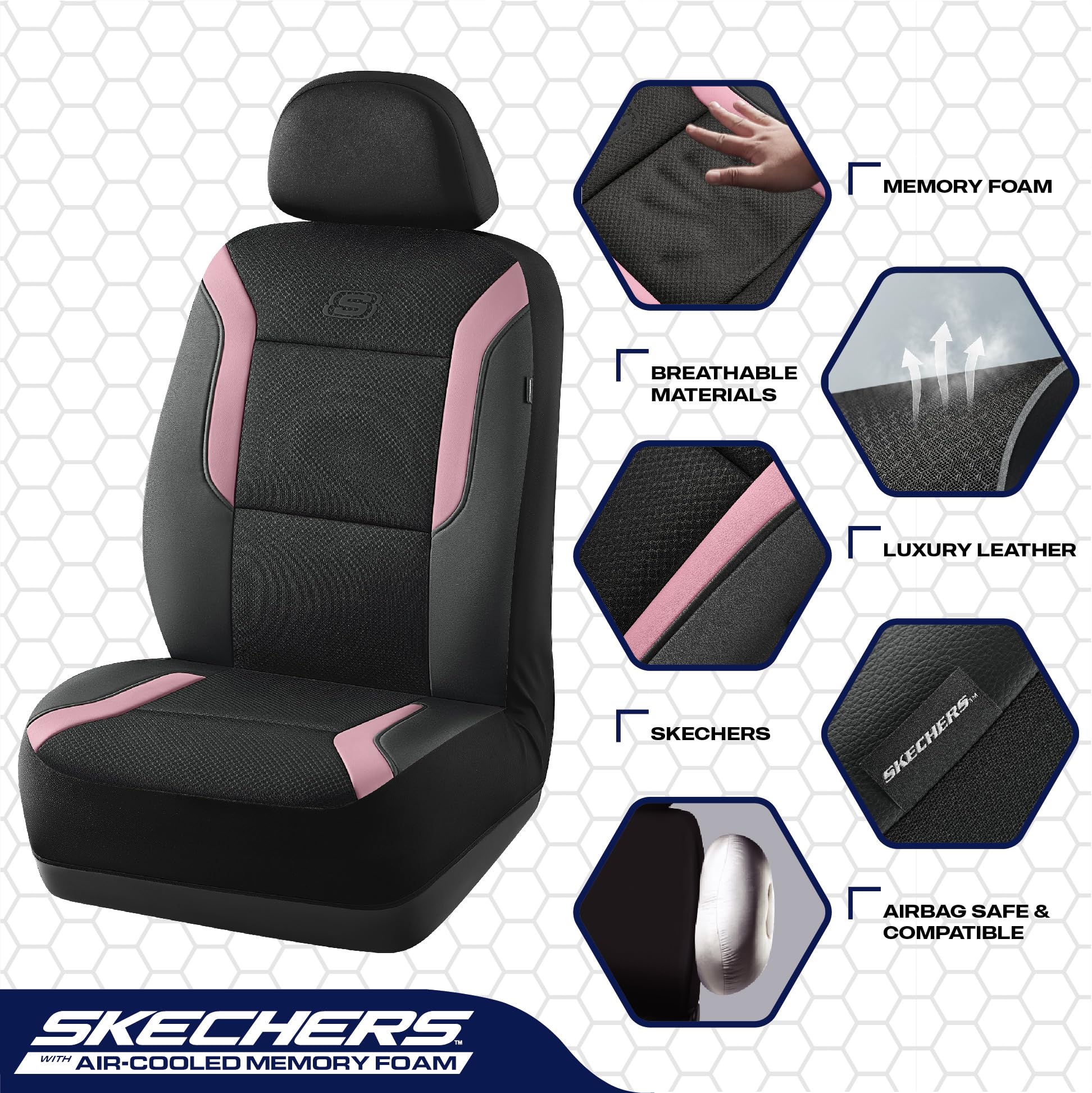 Skechers Memory Foam Car Seat Covers, Air Cool Mesh Thick Seat Covers, Two Front Seat Cover, Airbag Compatible, Automotive Comfo