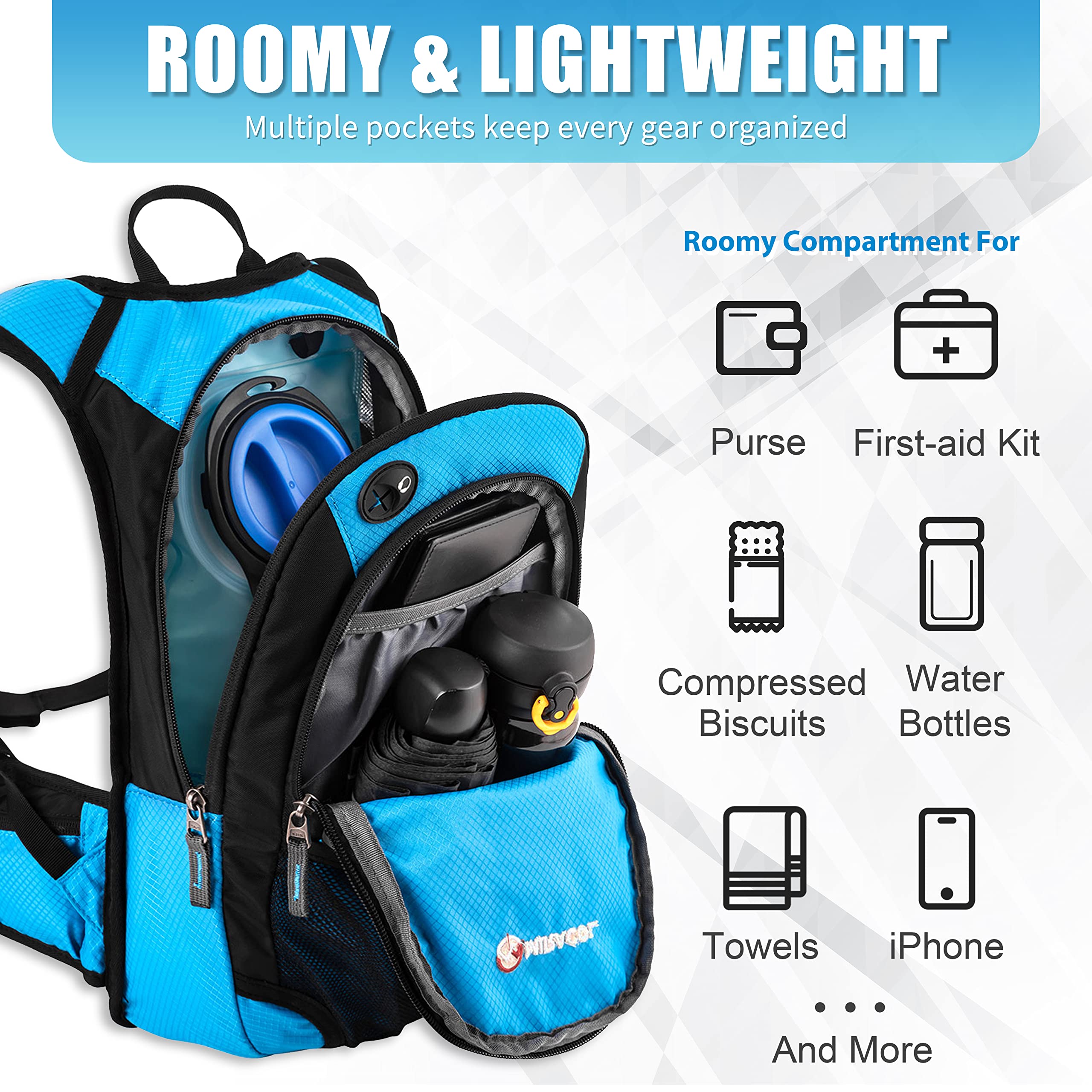 Hydration Pack Hiking Water Backpack - Miracol Insulated Water Bag With 2L Bladder Blue
