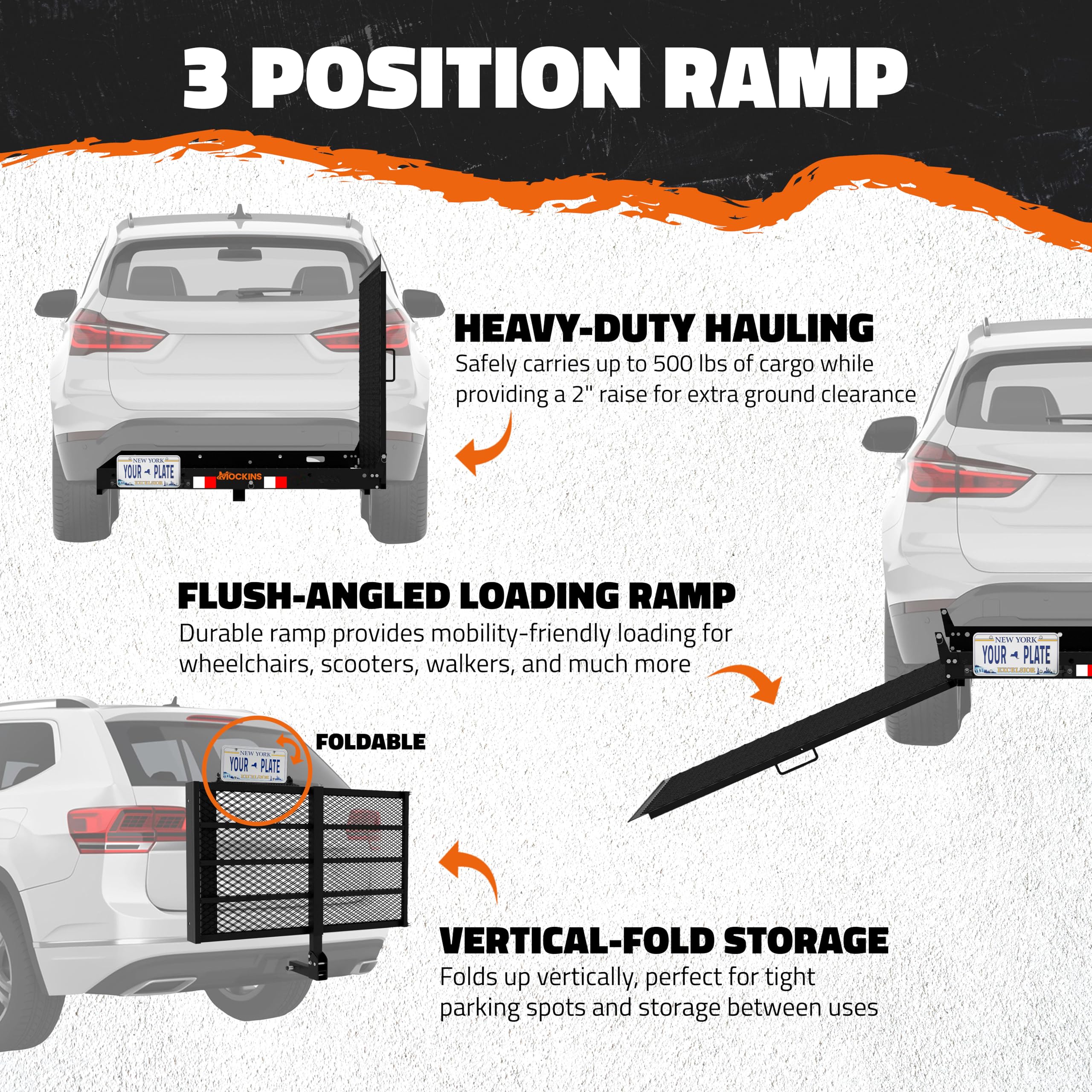 Mockins 48''x28.5''x4'' Heavy Duty Trailer Hitch Cargo Carrier with Ramp for Wheelchair | 500 Lbs. Capacity Folding Steel Cargo