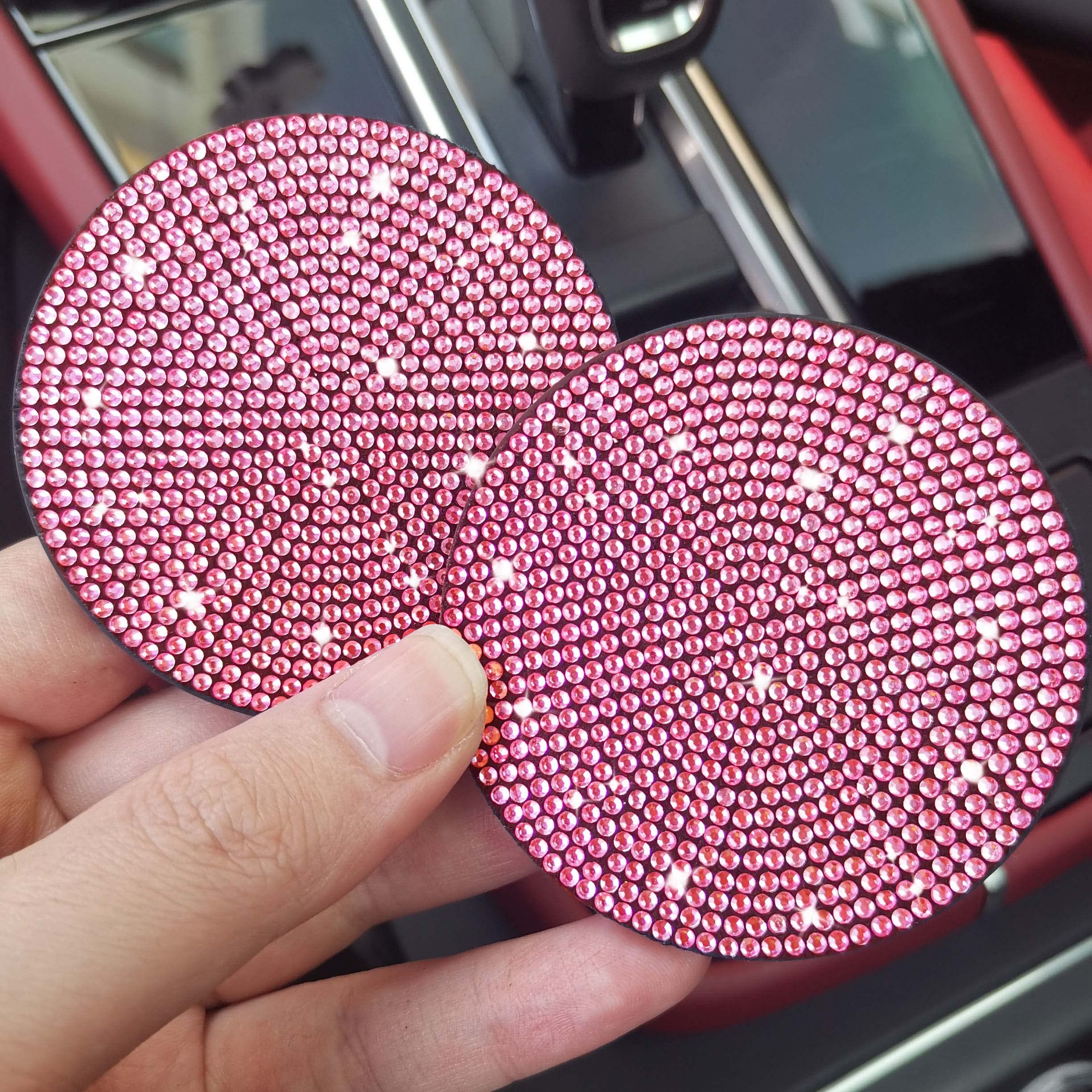 2Pcs Bling Car Cup Holder Coaster, 2.75 Inch Anti-Slip Shockproof Universal Fashion Vehicle Car Coasters Insert Bling Crystal Rhinestone Auto Automotive Interior Accessories For Women (2 Pcs, Pink)