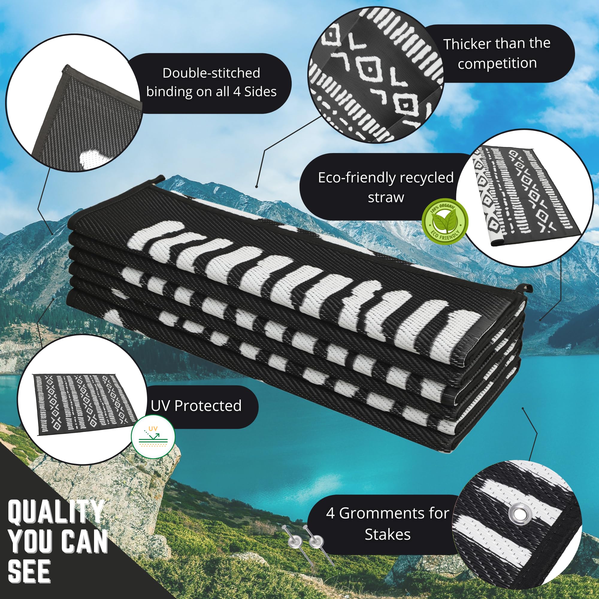 Glamplife Recycled Rv Rug - Camping Rugs For Outside Your Rv - 9X12 Outdoor Rug - Black And White Tribal - Large Outdoor Rugs Fo