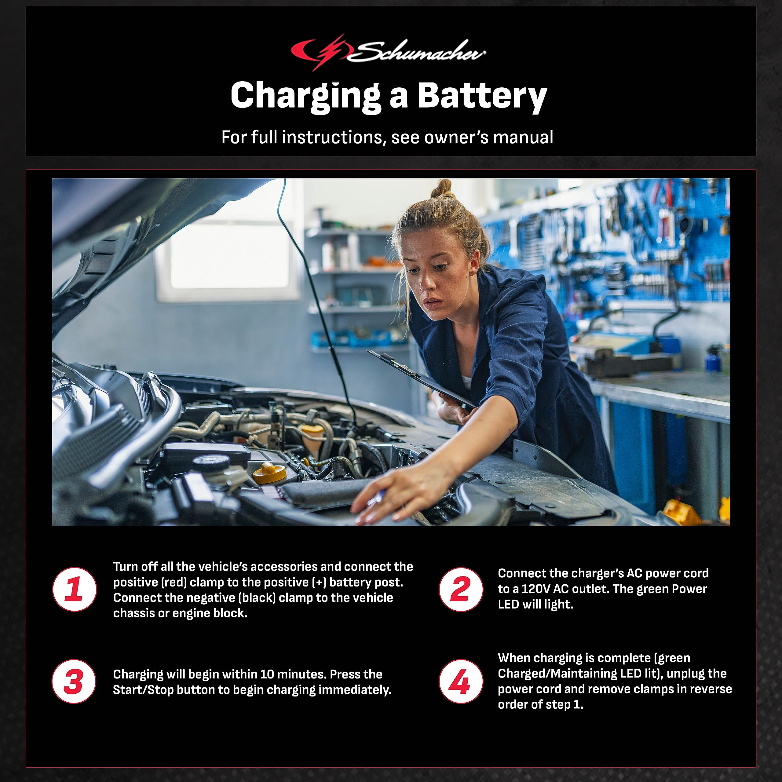 Schumacher Sc1282 Fully Automatic Battery Charger And Maintainer - 10 Amp/2 Amp 12V - For Automotive, Marine, And Power Sport Batteries, Black