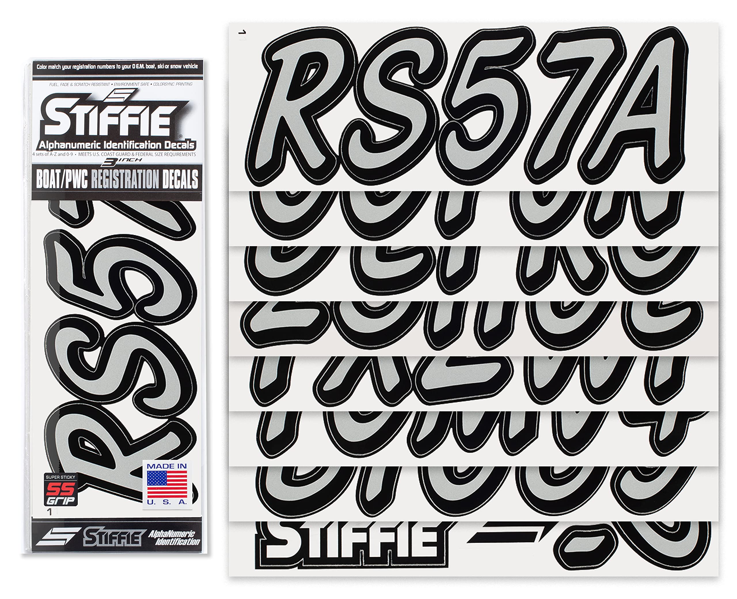 Whipline Solid Silver/Black 3 Alpha-Numeric Registration Identification Numbers Stickers Decals For Boats & Personal Watercraft