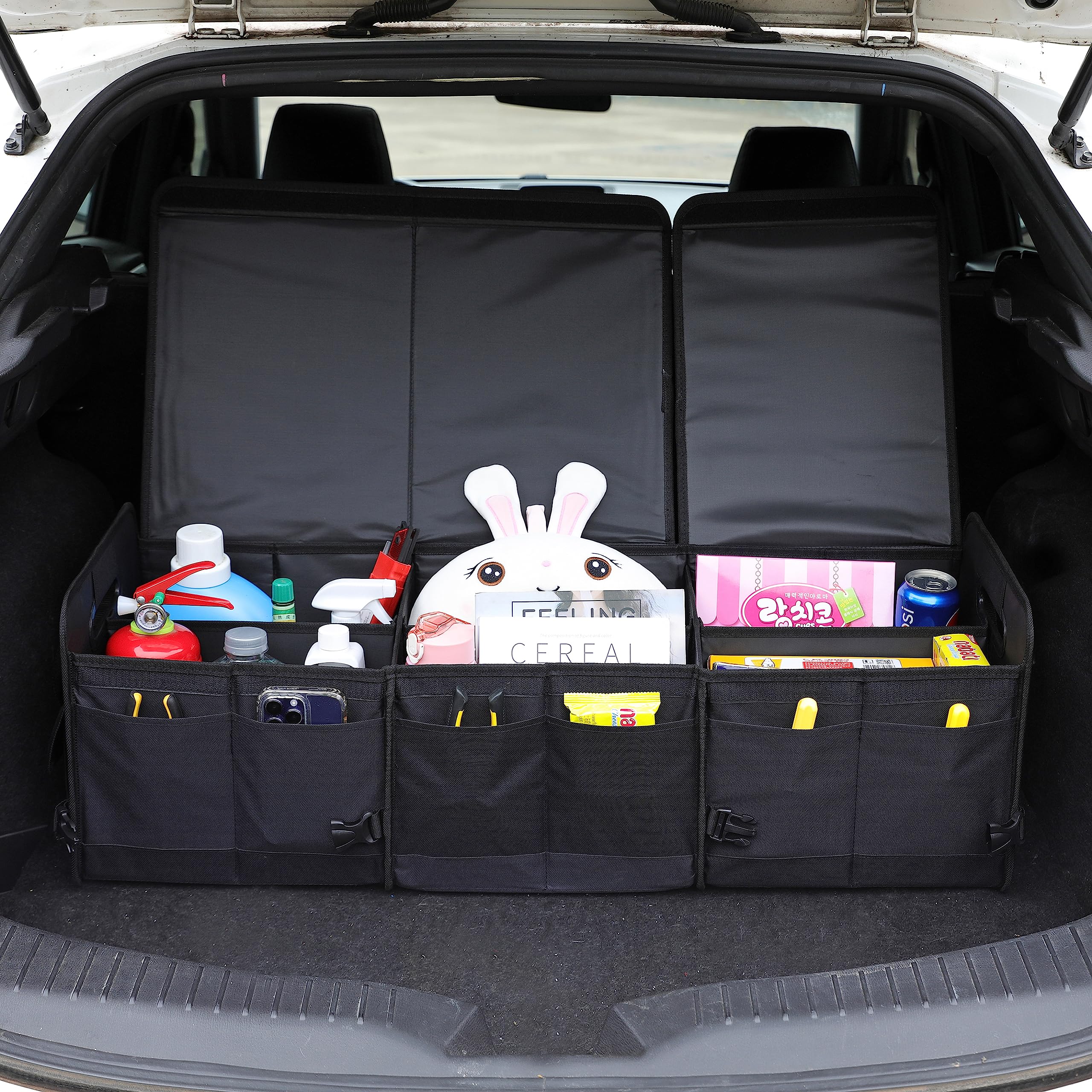 Aokjoy Car Trunk Organizer With Lid Storage Collapsible Multi Compartment Adjustable Straps For Suv, Truck, Sedan(Black) Xl