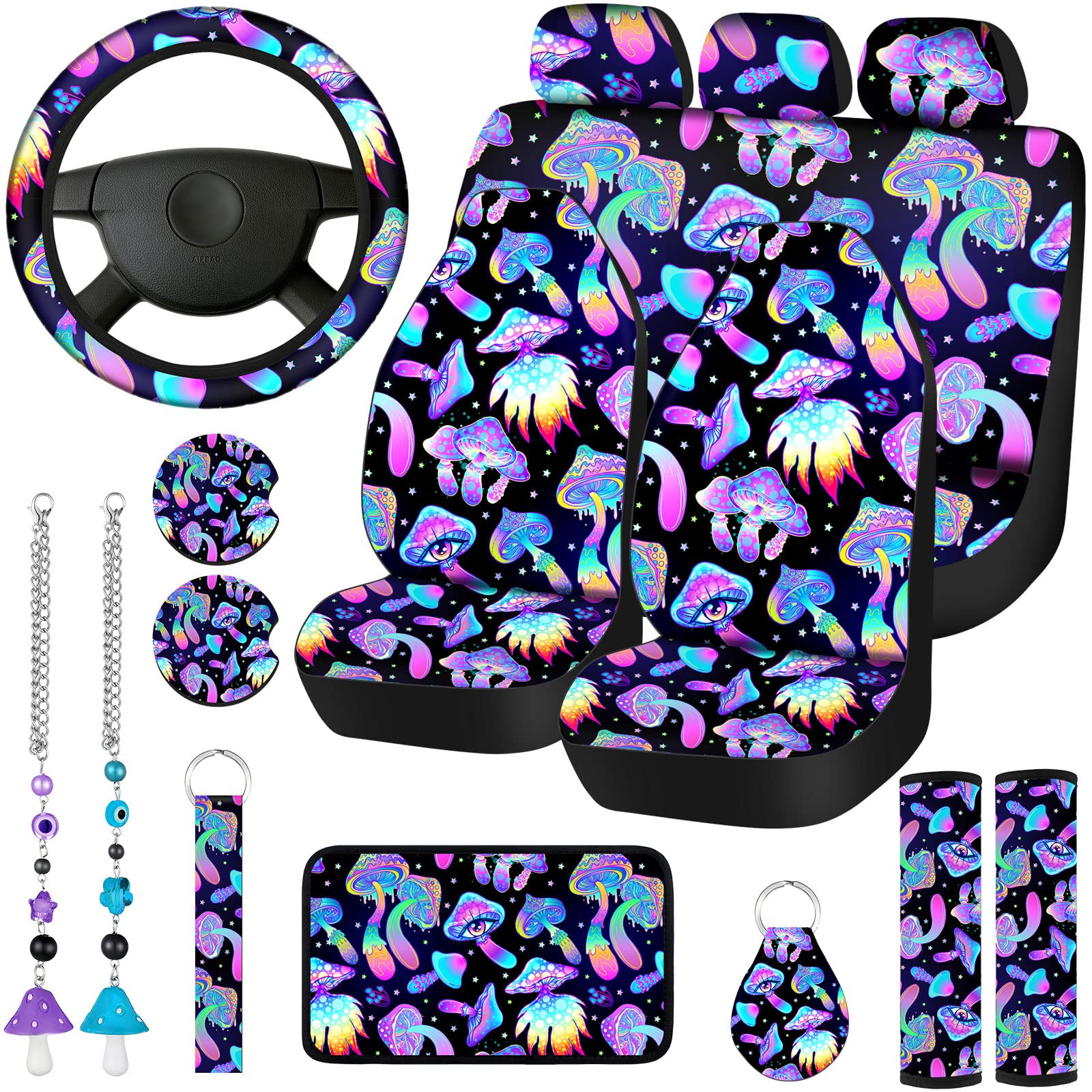 17 Pcs Mushroom Car Seat Covers Mushroom Car Accessories Full Set for Women Men Automotive Rear Front Seat Protector View Mirror