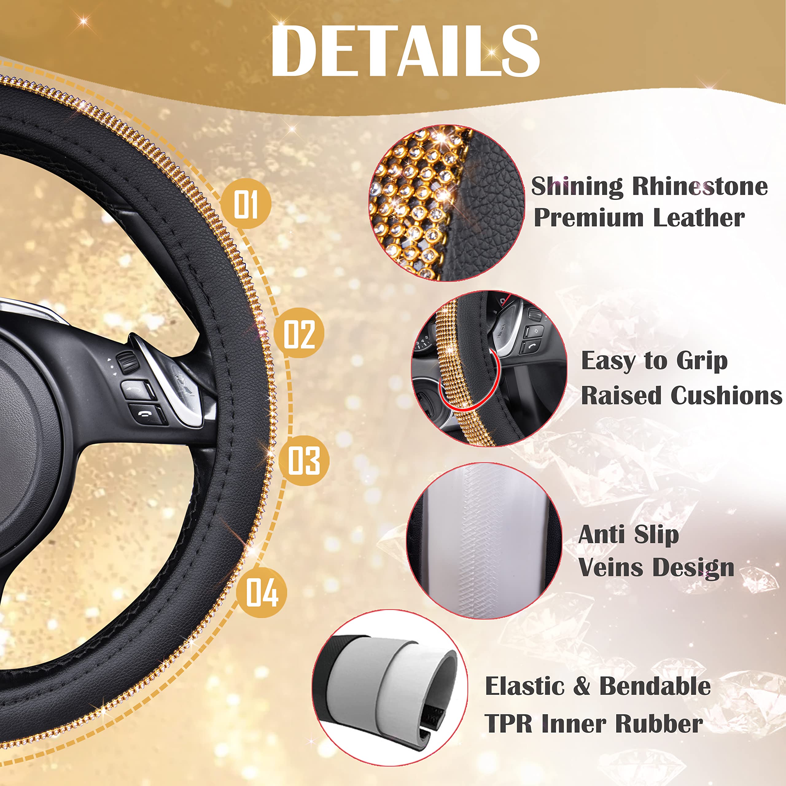 Car Pass Rhinestones Diamond Bling Steering Wheel Cover, Universal Fit For Suv,Vans,Sedan,Car,Truck 14.5-15Inch Universal Fit (G
