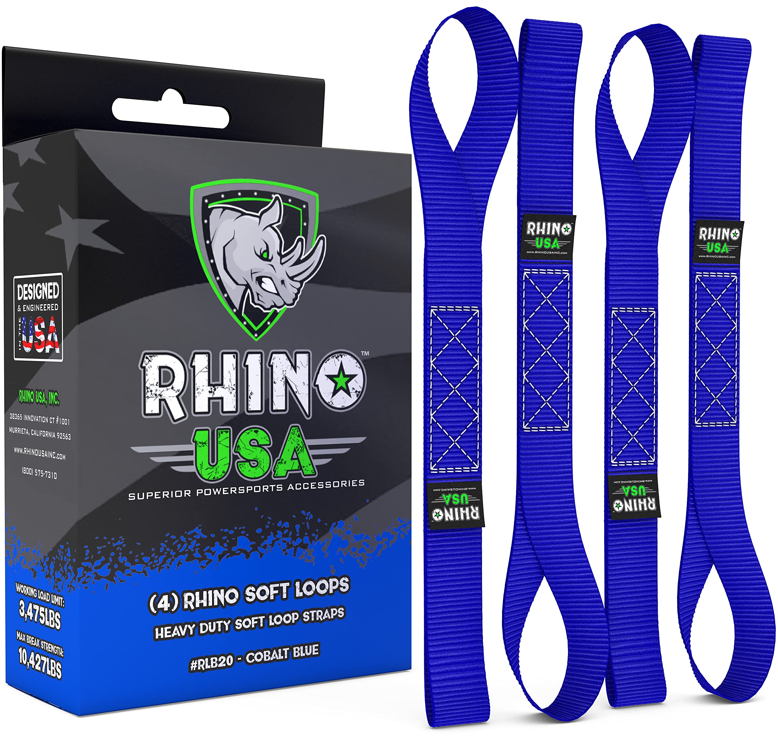 Rhino Usa Soft Loop Tie Down Straps (4-Pack) - 1.6 Inch X 17 Inch (5,000 Lbs Break Strength) Heavy Duty Motorcycle Straps For Use With Ratchet Straps - Handlebar Straps For Atv, Utv, Dirt Bike (Blue)
