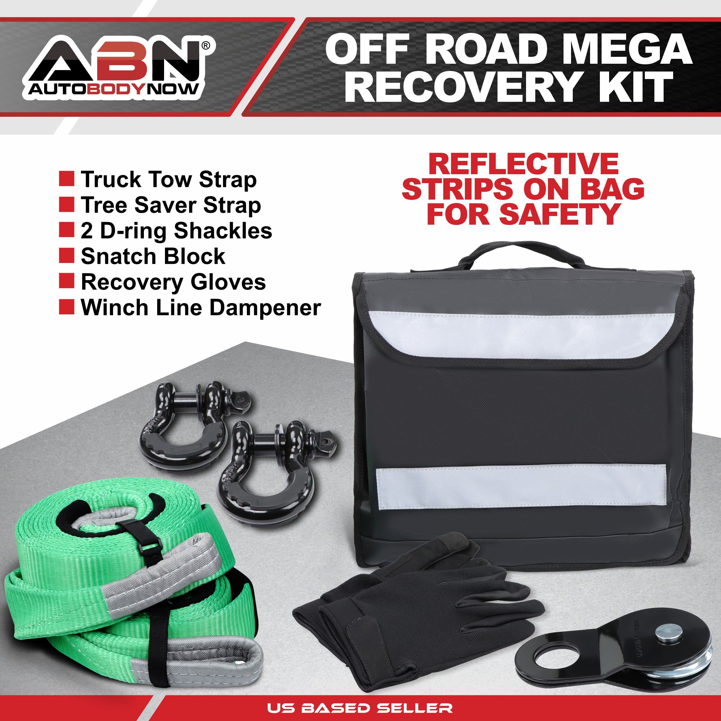 Abn Utv Tow Strap Recovery Kit - 35,000Lbs Working Load Limit Heavy Duty Tow Straps, Offroad Tree Saver Straps, Snatch Block, Pu