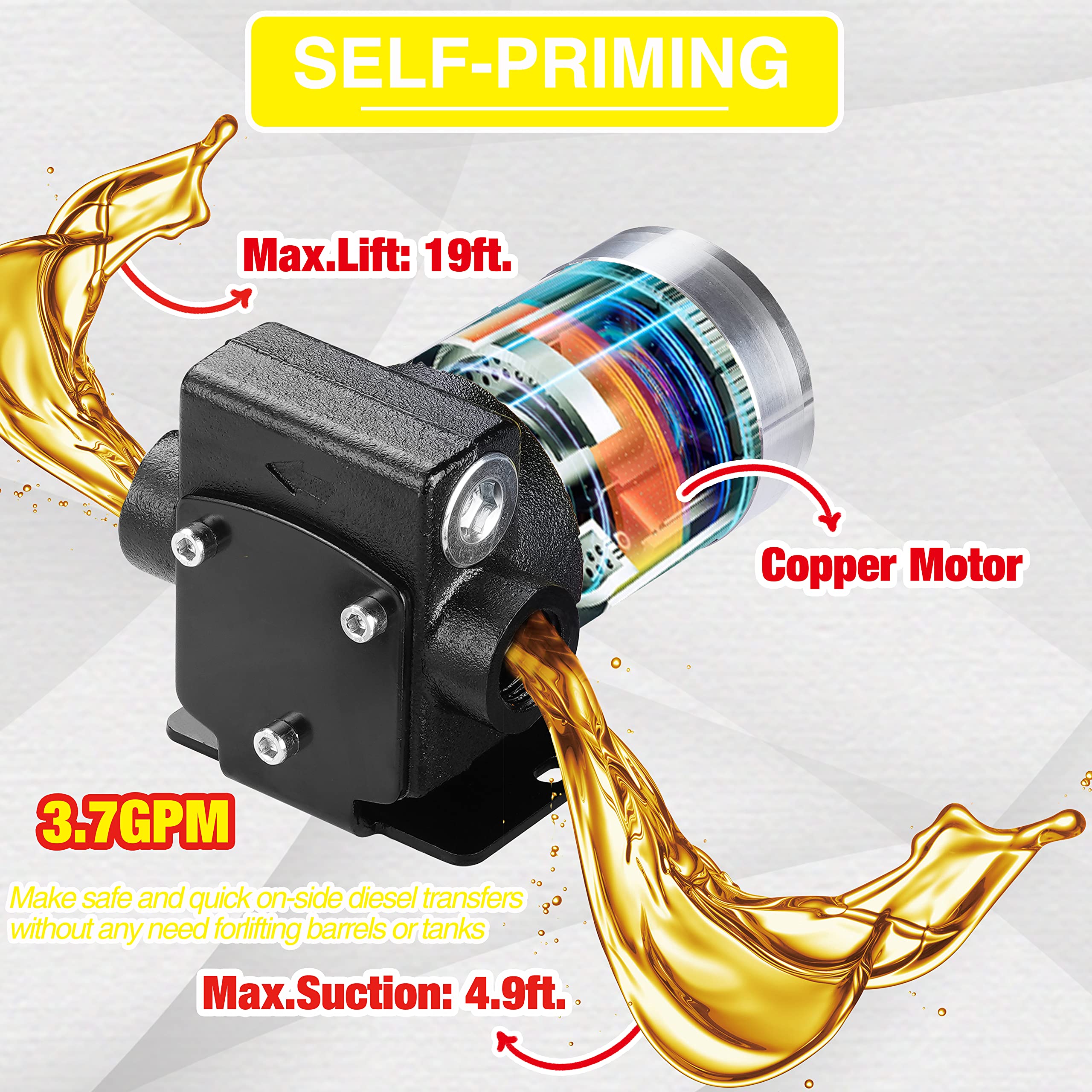 TRUPOW 12V DC Gasoline Fuel Transfer Pump - Reversible, Cast Iron, Model TP0315, for Diesel & Kerosene