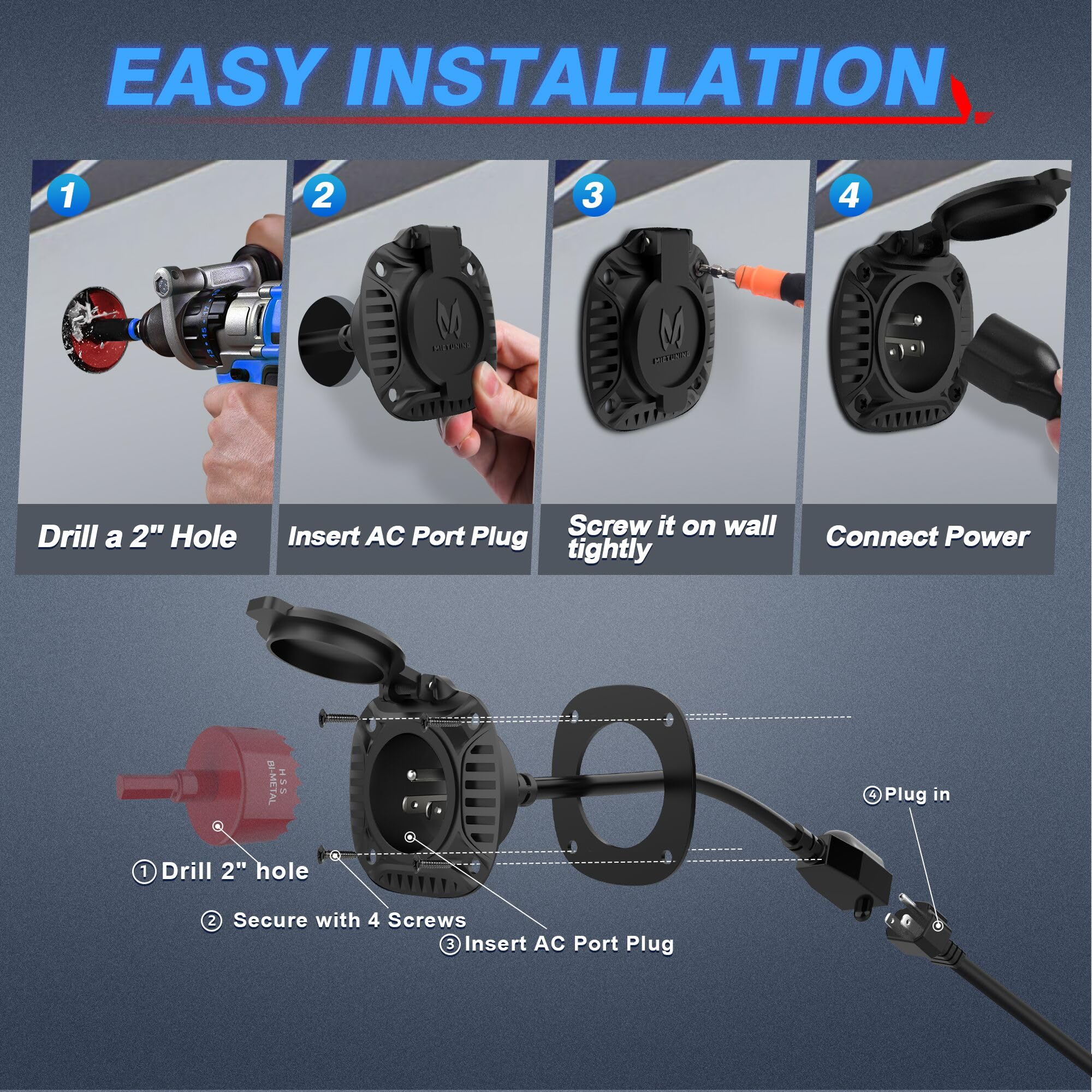 Mictuning 15Amp 125V Ac Port Plug With Heavy Duty Integrated 20'' Extension Cord And Water-Resistant Spring-Loaded Cover - Black