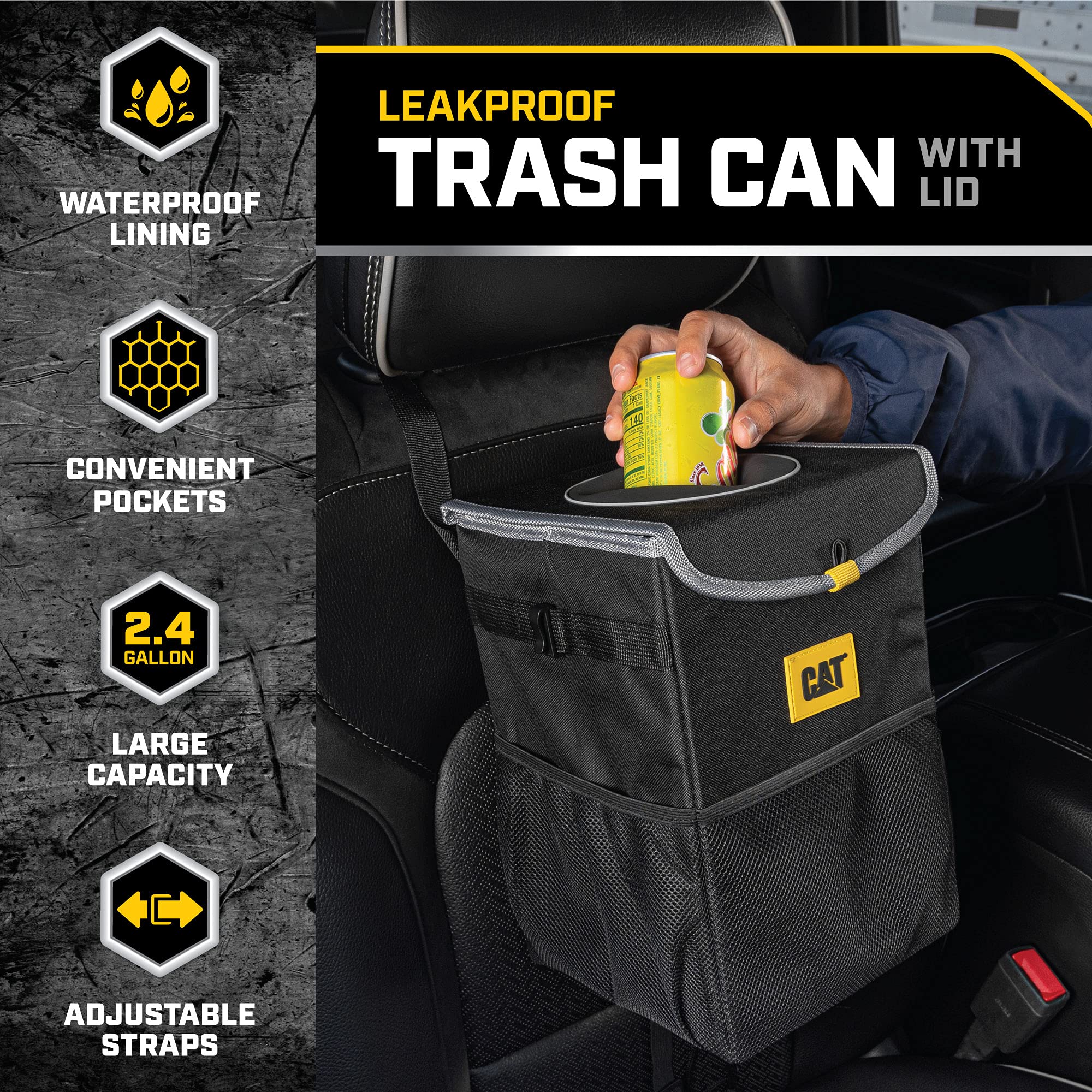 CAT Premium Car Trash Can with Lid Storage Pockets Waterproof Garbage for Auto Multipurpose Storage Organizer Bin - 100% Leak-Pr