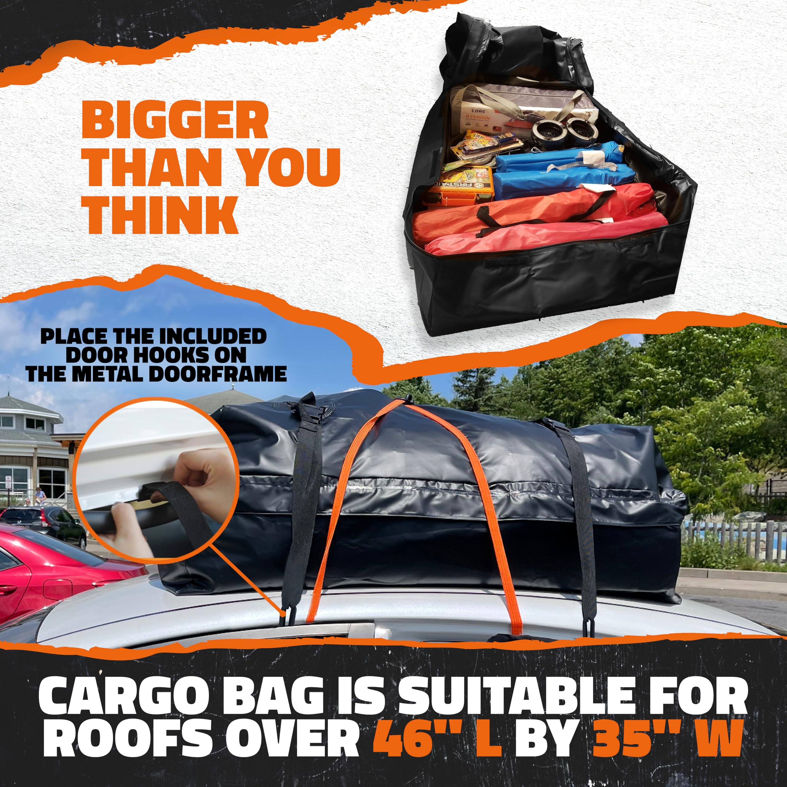 Mockins 16 Cu.Ft. Heavy Duty Car Roof Bag 45''X34''X18'' | Works With Or Without Roof Rack | Great For Road Trip Vacations, Camp
