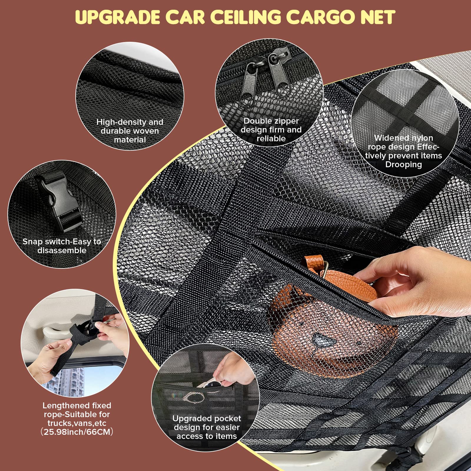 Kaskawise Car Ceiling Cargo Net Pocket,35.4''X23.6'' Load-Bearing Double-Layer Mesh Car Roof Storage Organizer For Ford,F150,Jee
