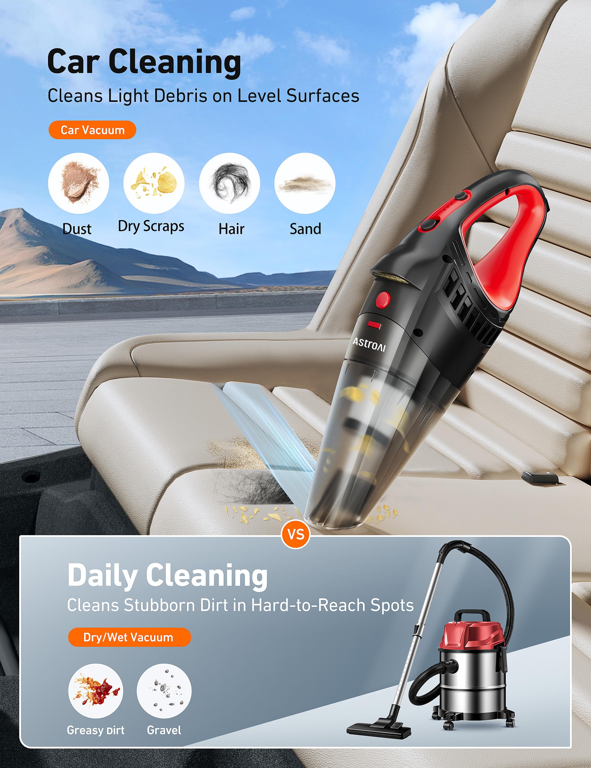 Astroai Car Vacuum, Car Accessories, Portable Handheld Vacuum Cleaner With 7500Pa/12V High Power, Led Light And 16.4 Ft Cord, Car Cleaning Kit With 3 Filters For Daily Cleaning (Ahvcjy801)