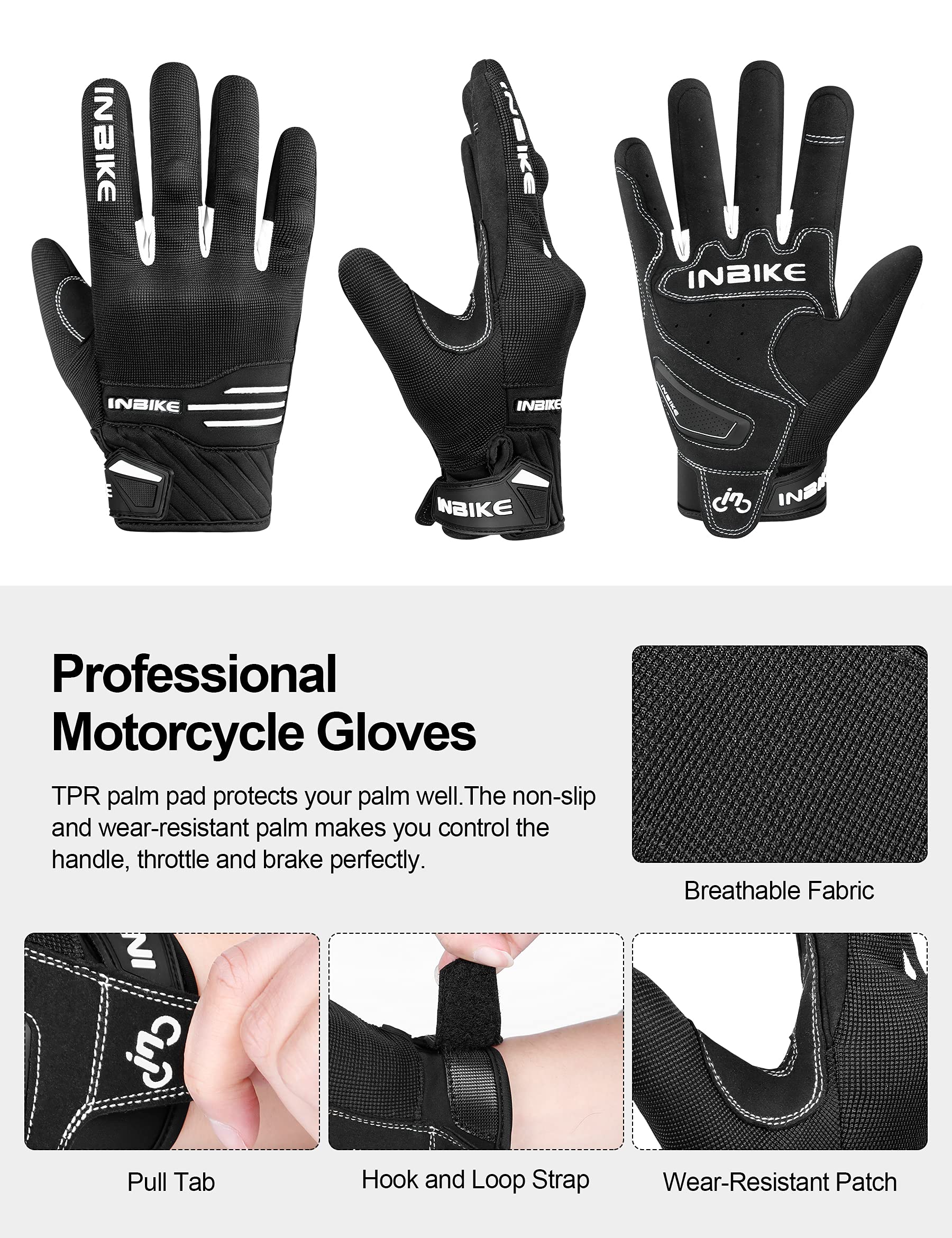 Inbike Breathable Motorcycle Gloves Men Motorbike Riding Touchscreen Hard Knuckle Tpr Palm Pad White Large