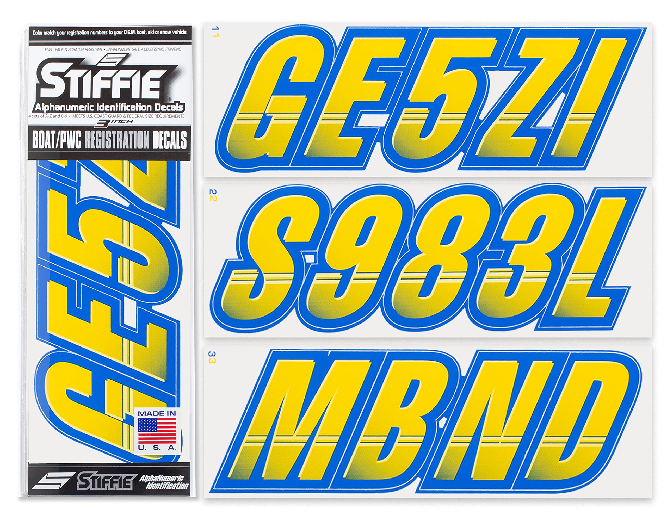 Stiffie Techtron Yellow/Blue 3 '' Boat & Pwc Registration Decals  Numbers Letters Stickers