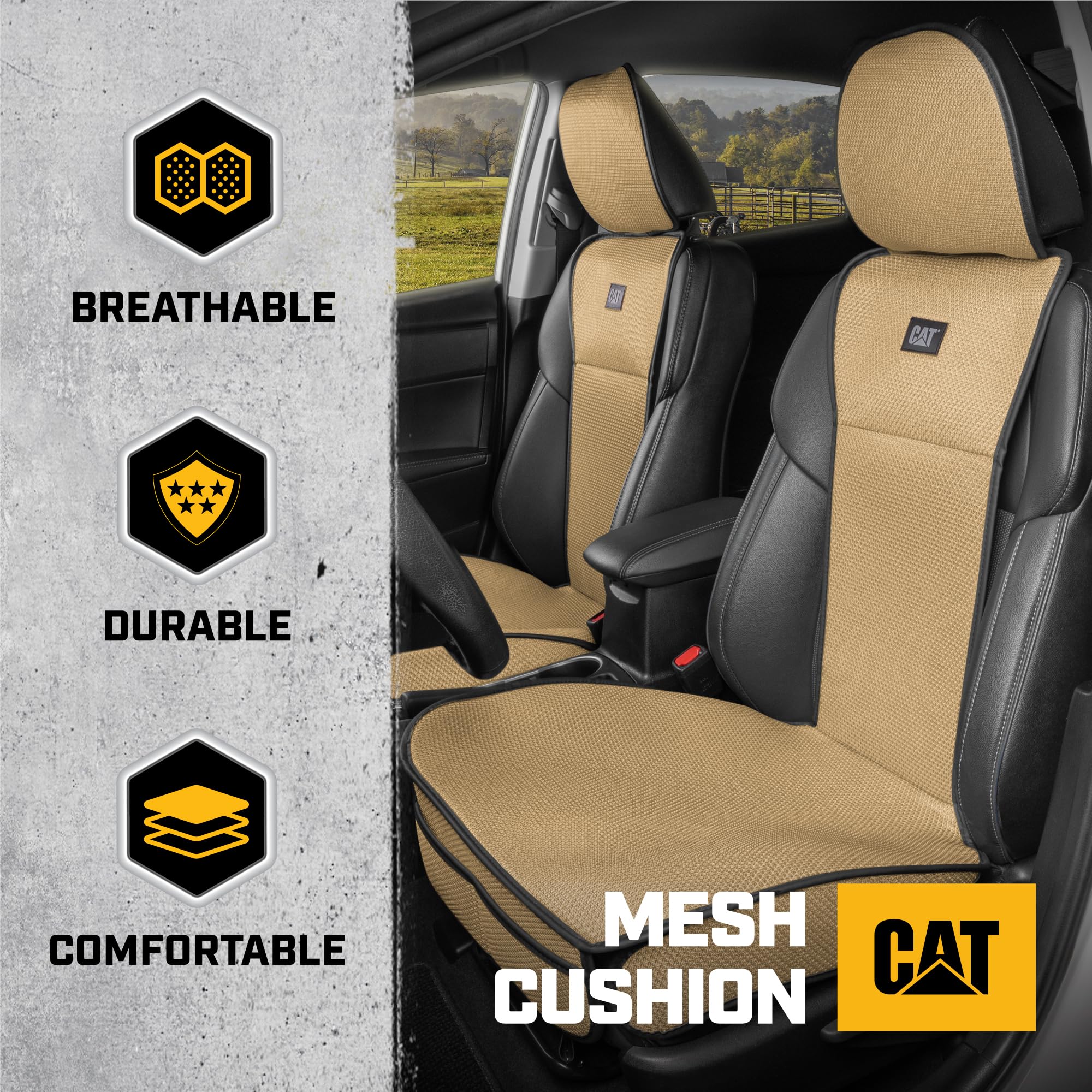 Caterpillar AeroMesh Beige Seat Covers for Trucks, Car, & SUV - (2) Front Truck Seat Cover Protector - Breathable Mesh Universal