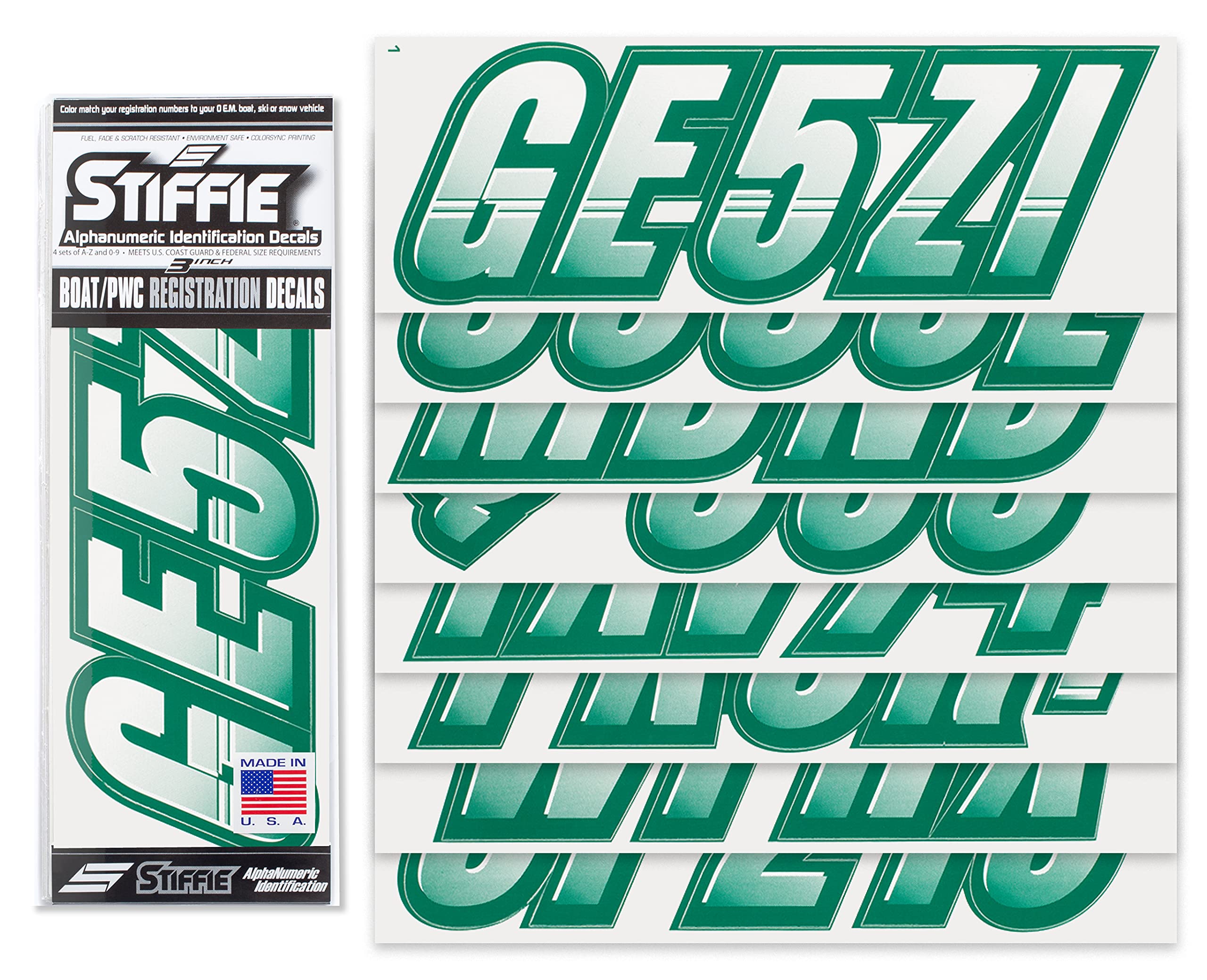 Stiffie Techtron White/Racing Green 3 '' Boat & Pwc Registration Decals  Numbers Letters Stickers