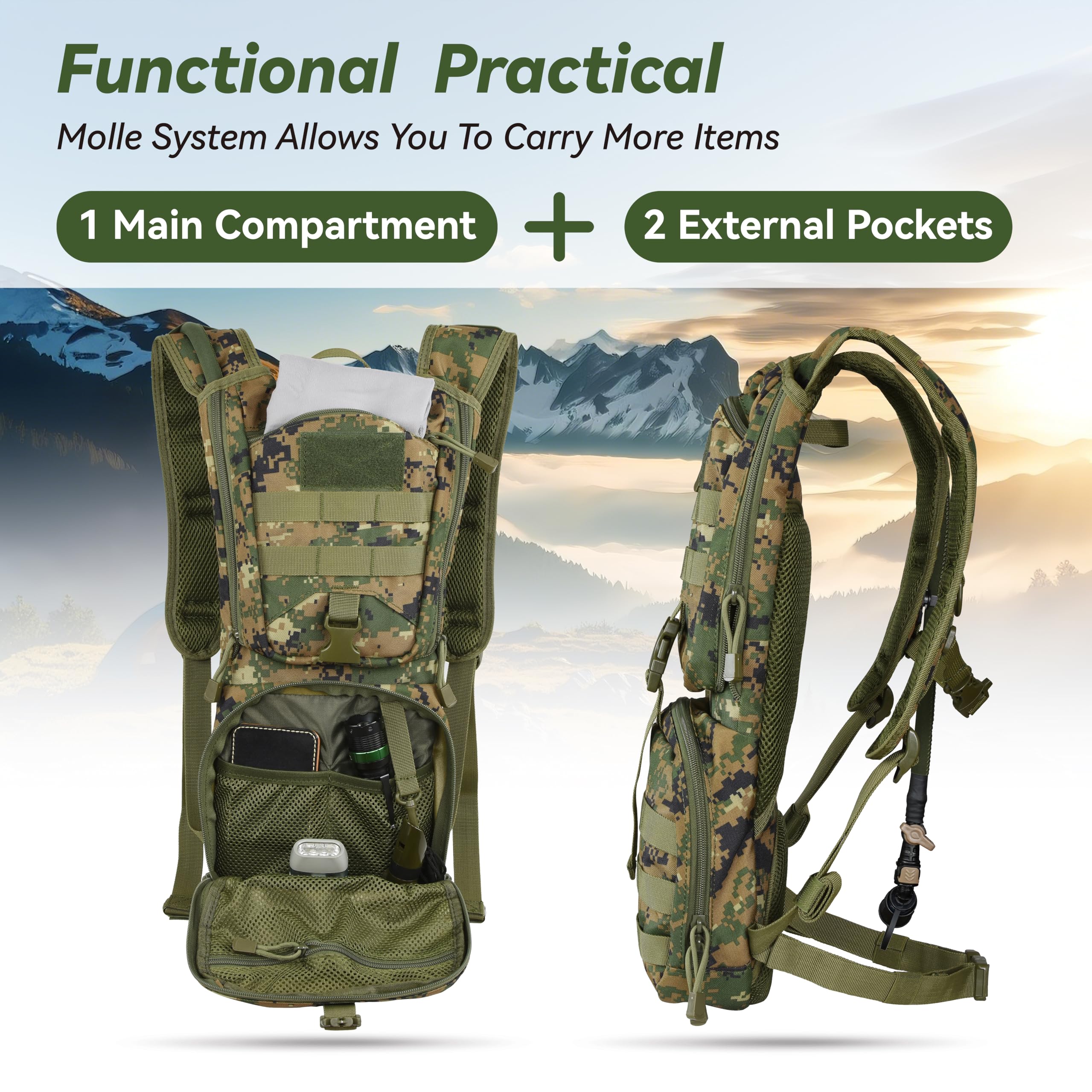Marchway Tactical Molle Hydration Pack Backpack With 3L Tpu Water Bladder, Military Daypack For Cycling, Hiking, Running, Climbing, Hunting, Biking (Digital Woodland)