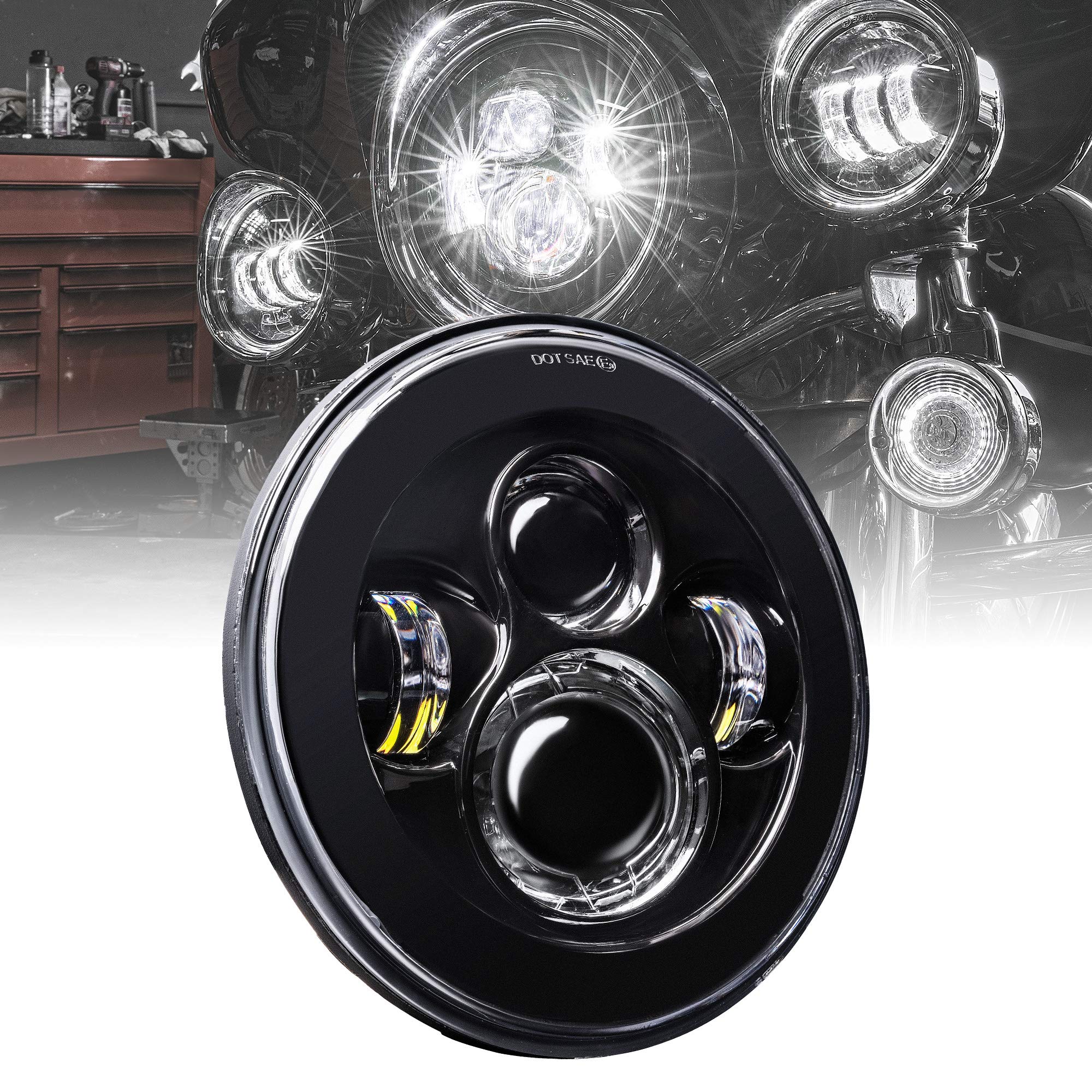 TRUE MODS 7'' LED Headlight for Harley Davidson [Black-Finish] [4500 Lumen] [H4 Converters Plug and Play] [Built-In CAN Bus] For