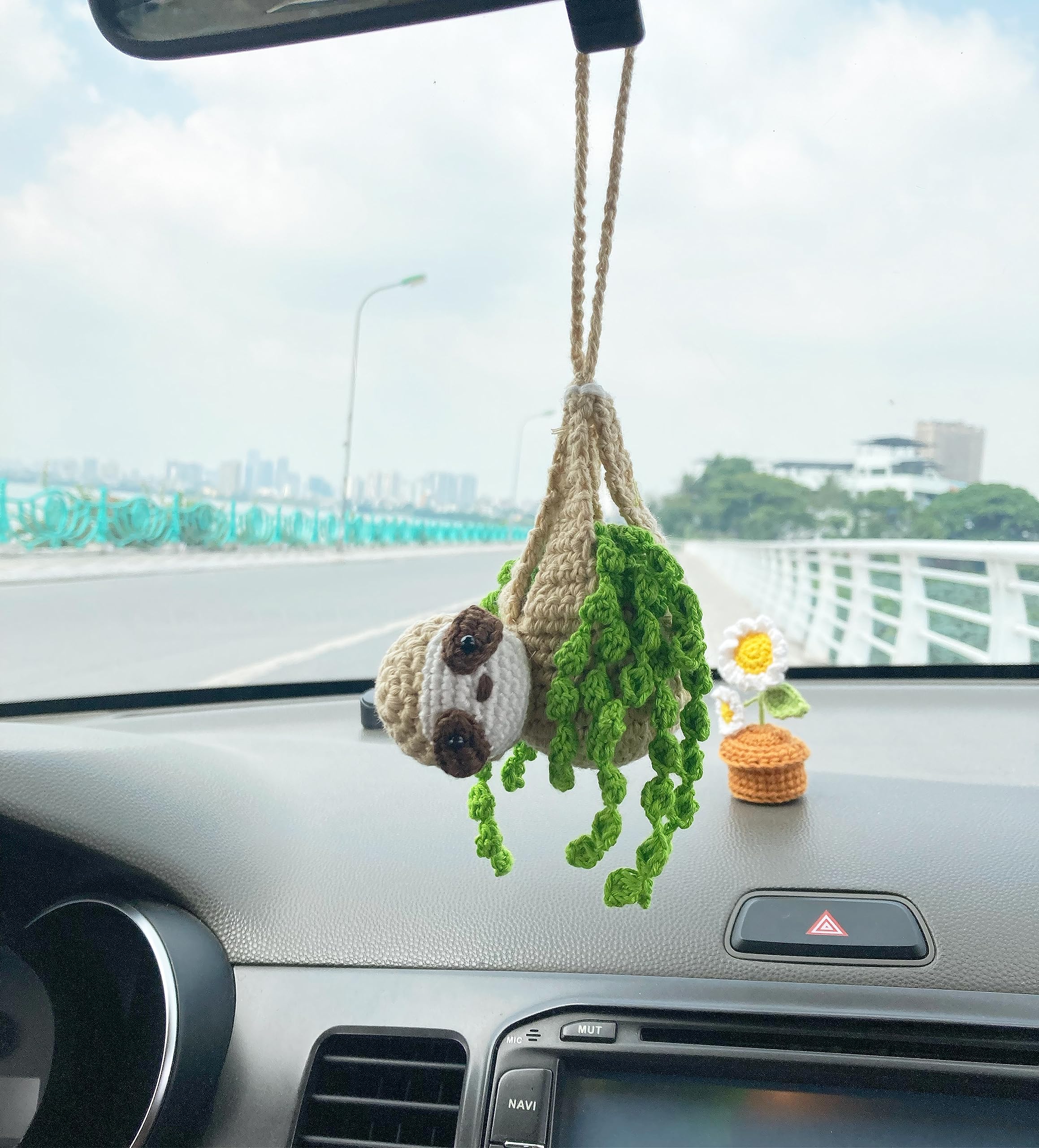 Bunny Crochet Sloth Car Rear View Mirror Holder, Cute Sloth Car Hanging Ornament, A Gift For Sloth Lovers Car Hanging, Crochet L
