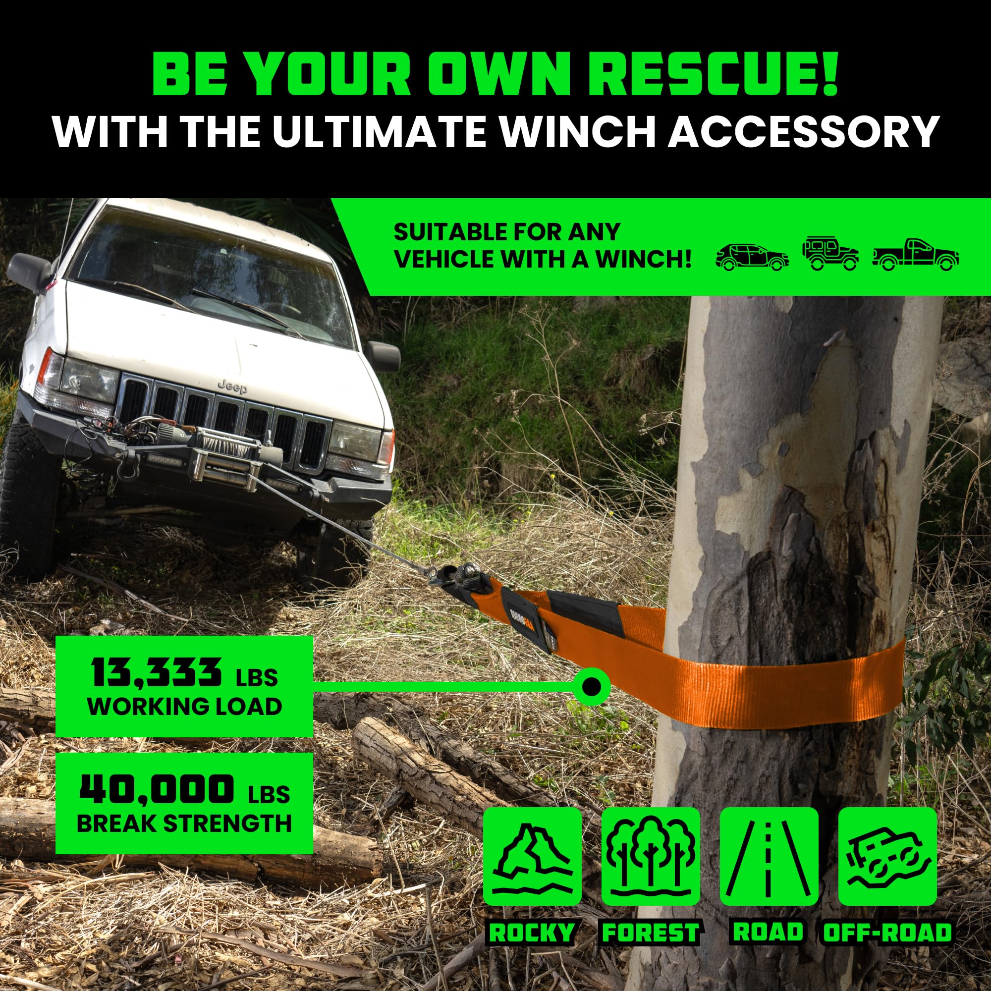 Rhino Usa Tree Saver Tow Strap (4''X10') - 40,320Lb Break Strength - Emergency Recovery Strap Winch Extension For Truck, Utv, At