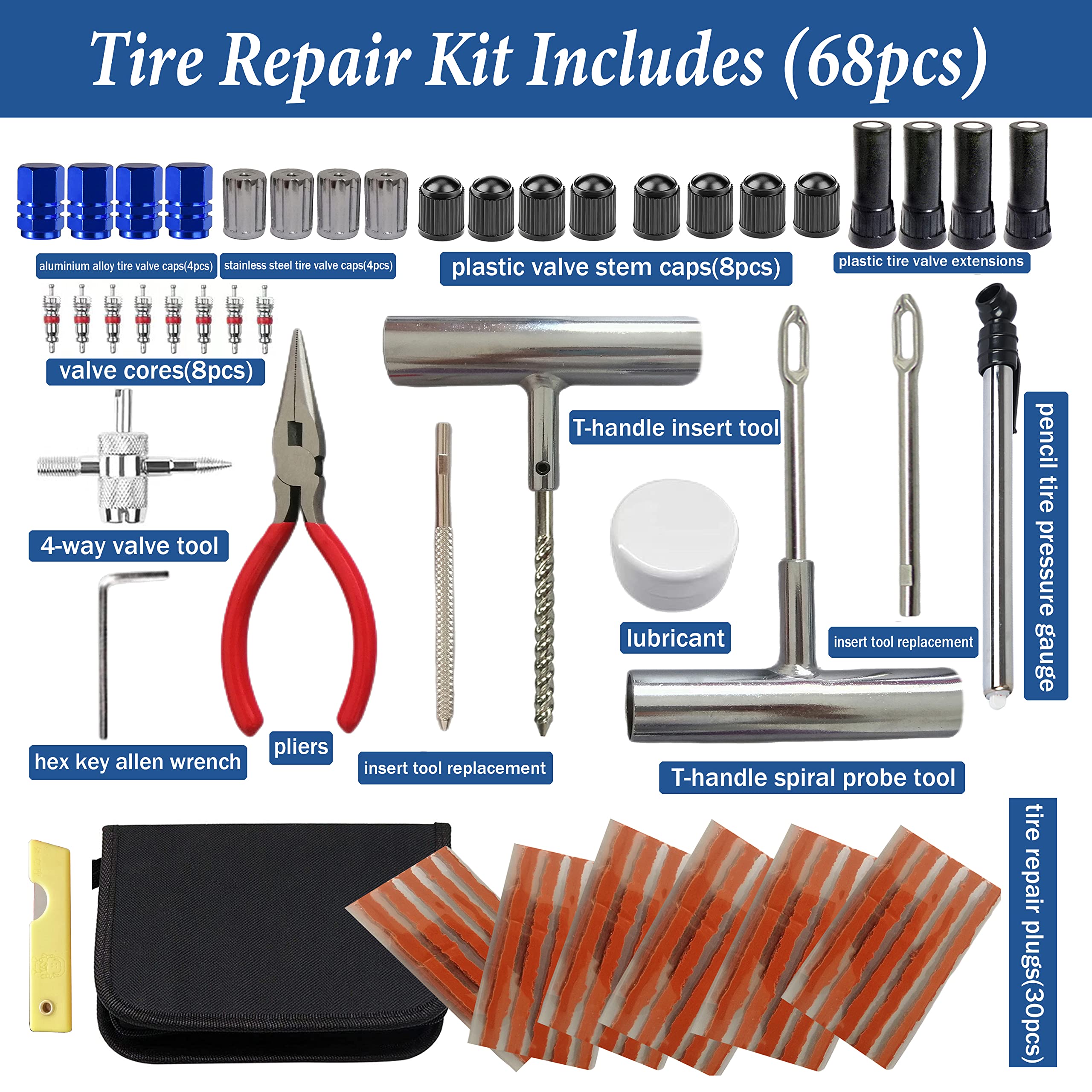 Tire Repair Kit, 68Pcs Heavy Duty Tire Plug Kit, Universal Tire Repair Tools Flat Tire Puncture Repair For Car, Motorcycle, Truc