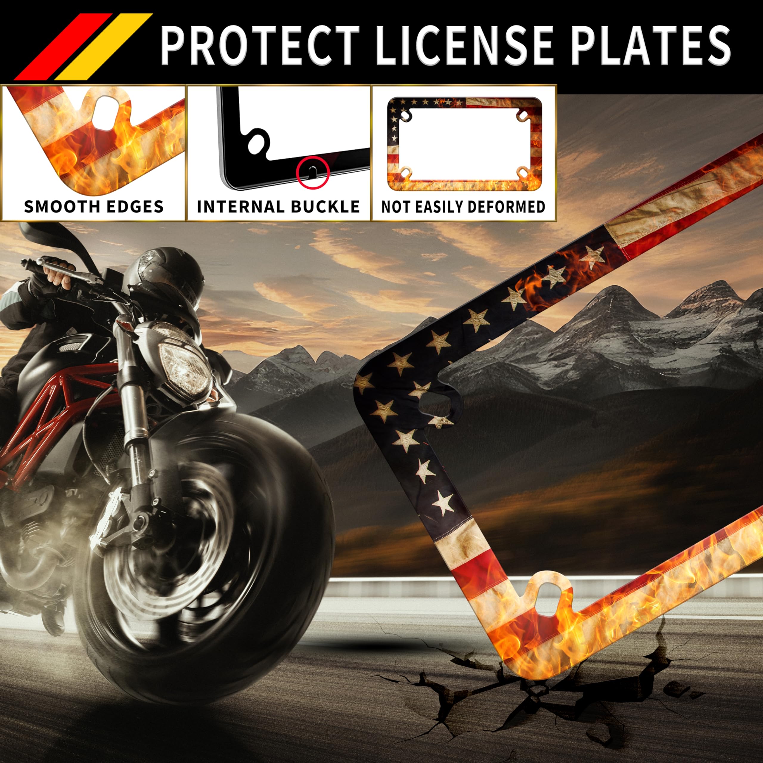 Motorcycle Retro American Flag Flame License Plate Frame Stainless Steel Material Funny Motorbike License Plate Holder Motorcycl
