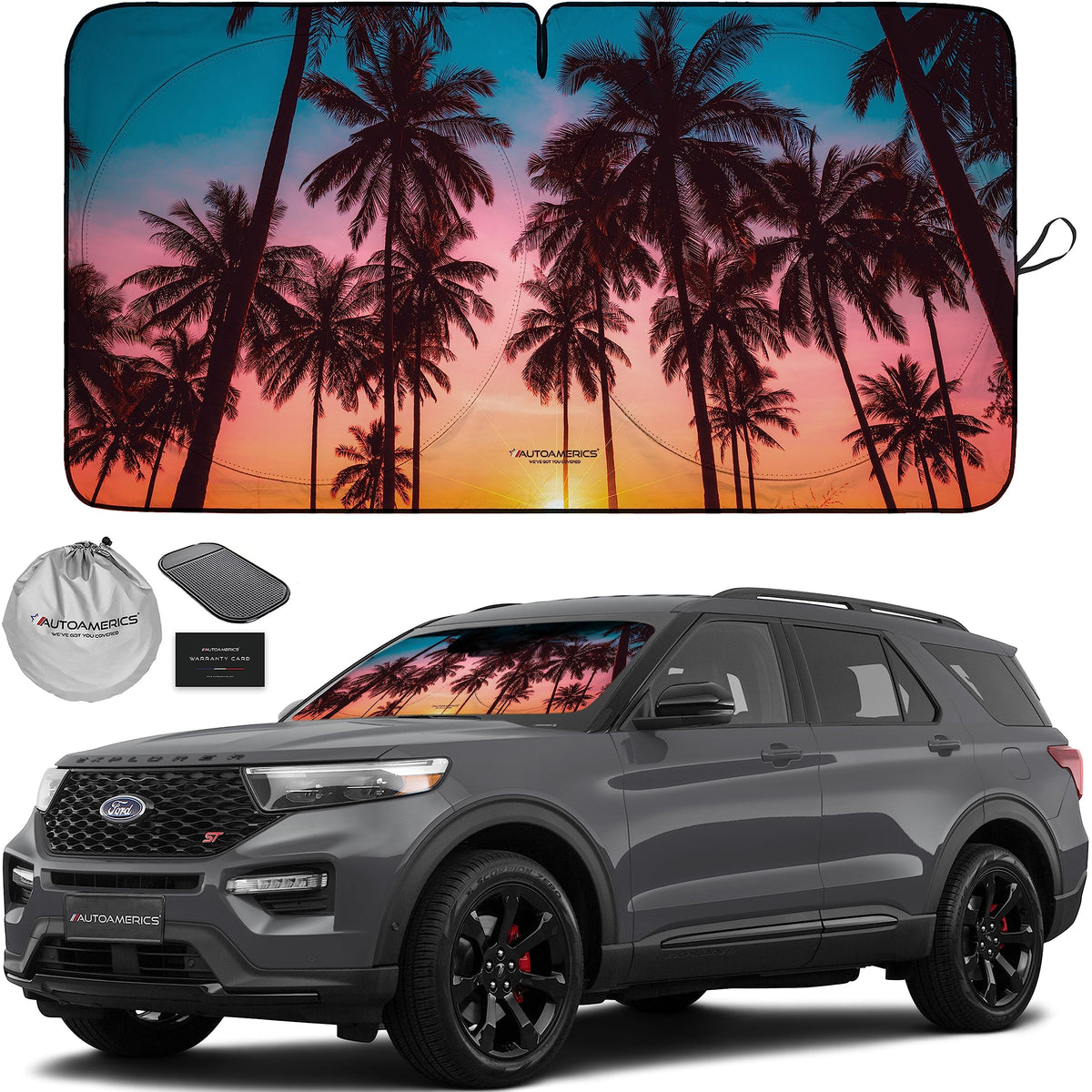 Autoamerics 1-Piece Windshield Sun Shade - Palm Trees Design Foldable Car Front Window Sunshade For Cars Suv Truck Heat Blocker