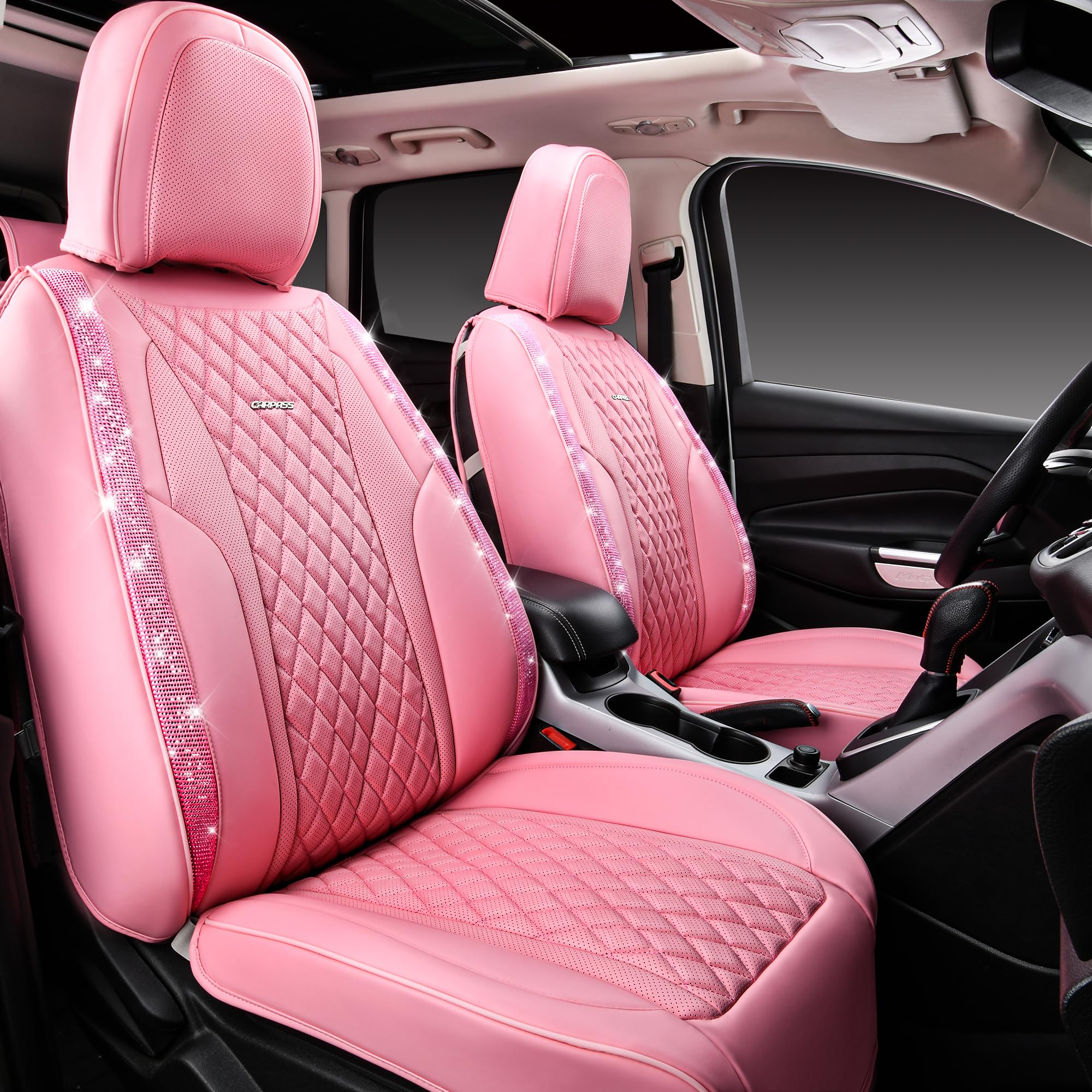 Car Pass Bling Pink Nappa Leather Car Seat Covers For Front Seats, Waterproof Heavy-Duty Anti-Slip, Universal Fit For 95% Auto S