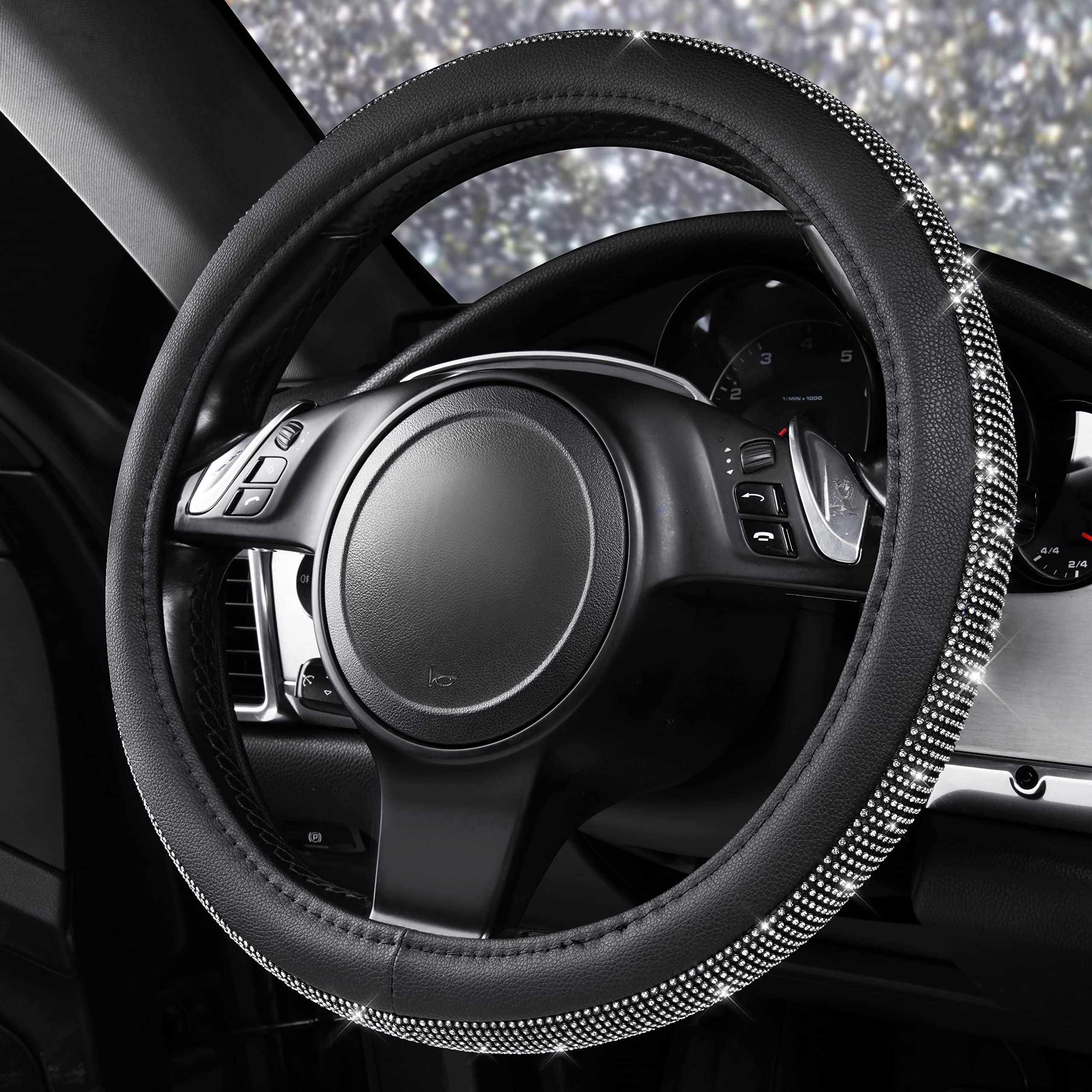 Car Pass Diamond Black Leather Steering Wheel Cover, With Bling Crystal Rhinestones Universal Fit 14'' 1/2-15'' Crystal Glitter