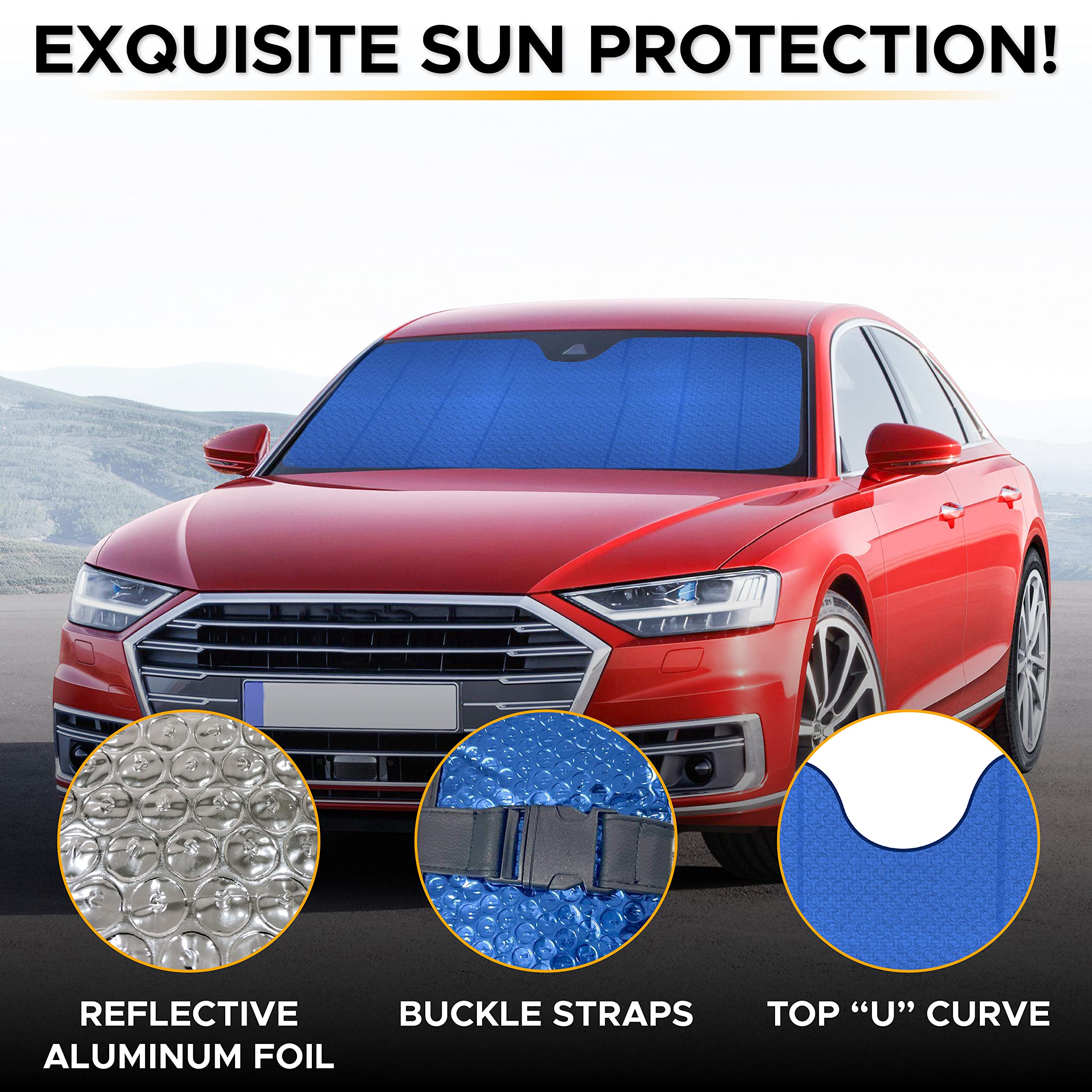 Econour Accordion Windshield Sun Shade (Blue) | Reflective Car Window Shades For Front Window Keeps Sun And Heat Out | Sun Visor For Car Windshield Controls Car Interior Temperature | 58 X 28 Inches