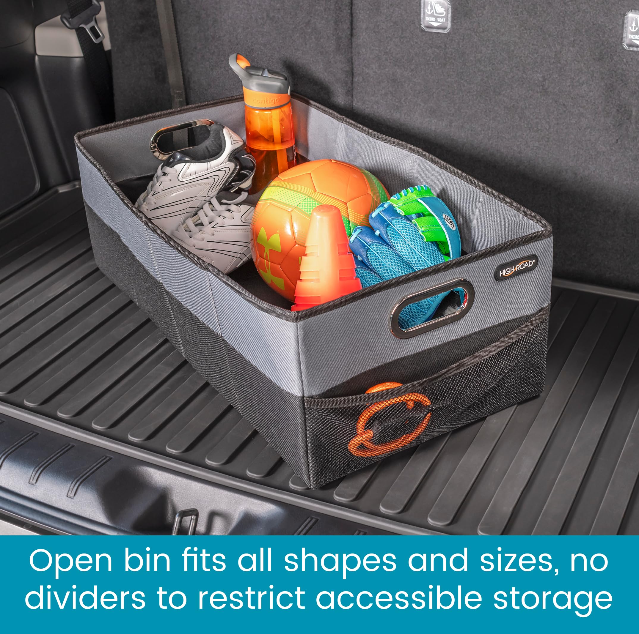 High Road Cargocube Car Storage Bin - Leakproof Car Trunk Storage Organizer With Metal Handles And Front Mesh Pocket, 12X24 Inch