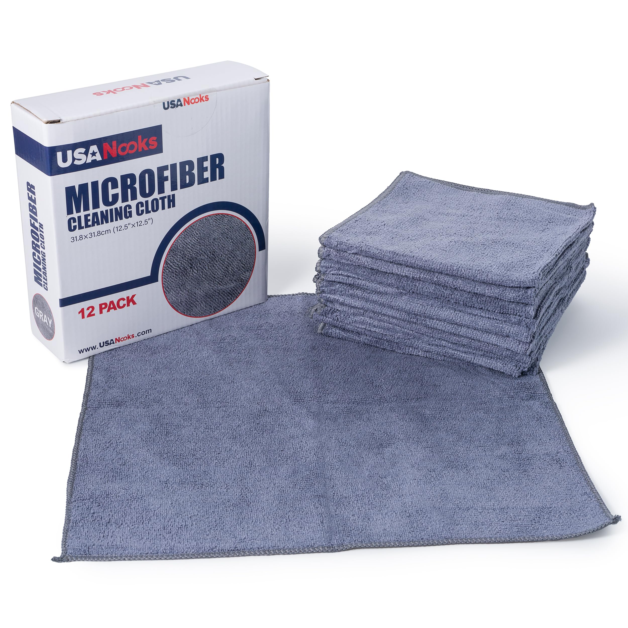 Usanooks Microfiber Cleaning Cloth Grey - 12 Pcs (12.5'X12.5') - High Performance - 1200 Washes, Ultra Absorbent Microfiber Towel Weave Grime & Liquid For Streak-Free Mirror Shine - Car Washing Cloth