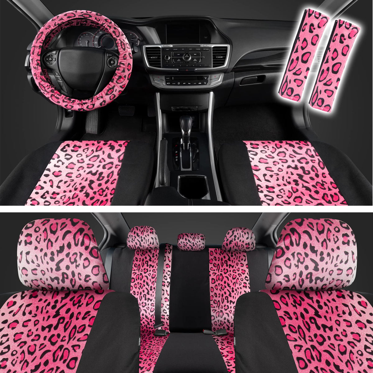 Carxs Leopard Print Car Seat Covers Full Set, Includes Matching Seat Belt Pads And Steering Wheel Cover, Two-Tone Cheetah Hot Pi